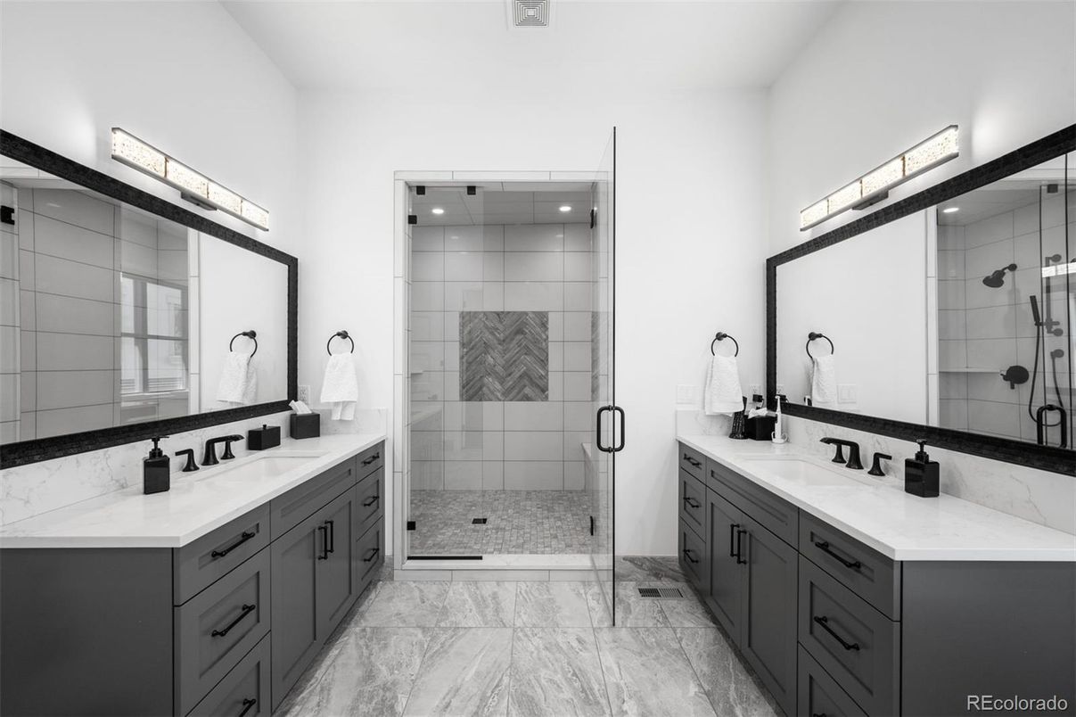 Bathroom, Dual Sink Vanities, Glass Shower, Interior, Marble, Recessed Lighting