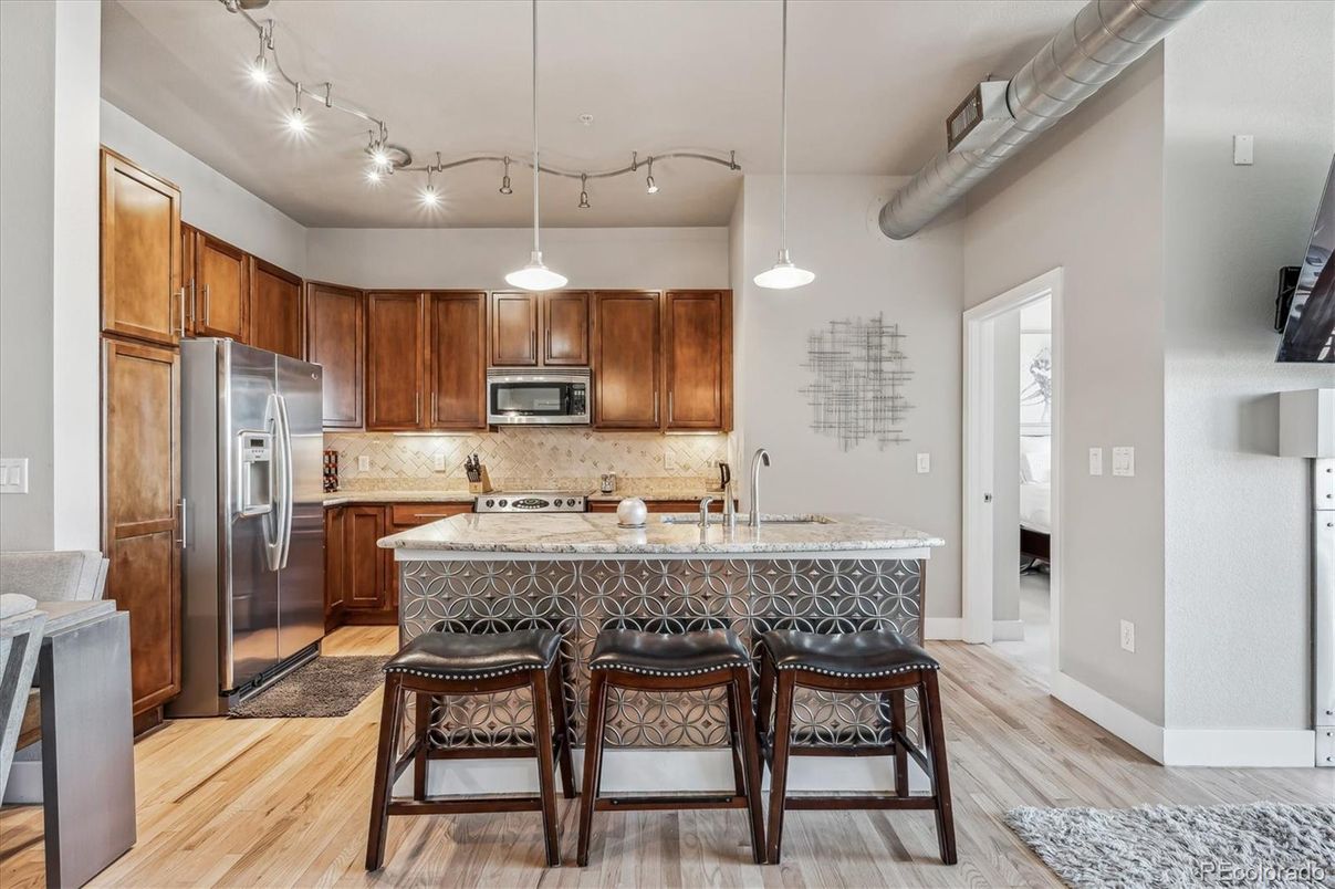 Interior, Kitchen, Pendant Lights, Stainless Steel Appliances, Wood Texture Flooring