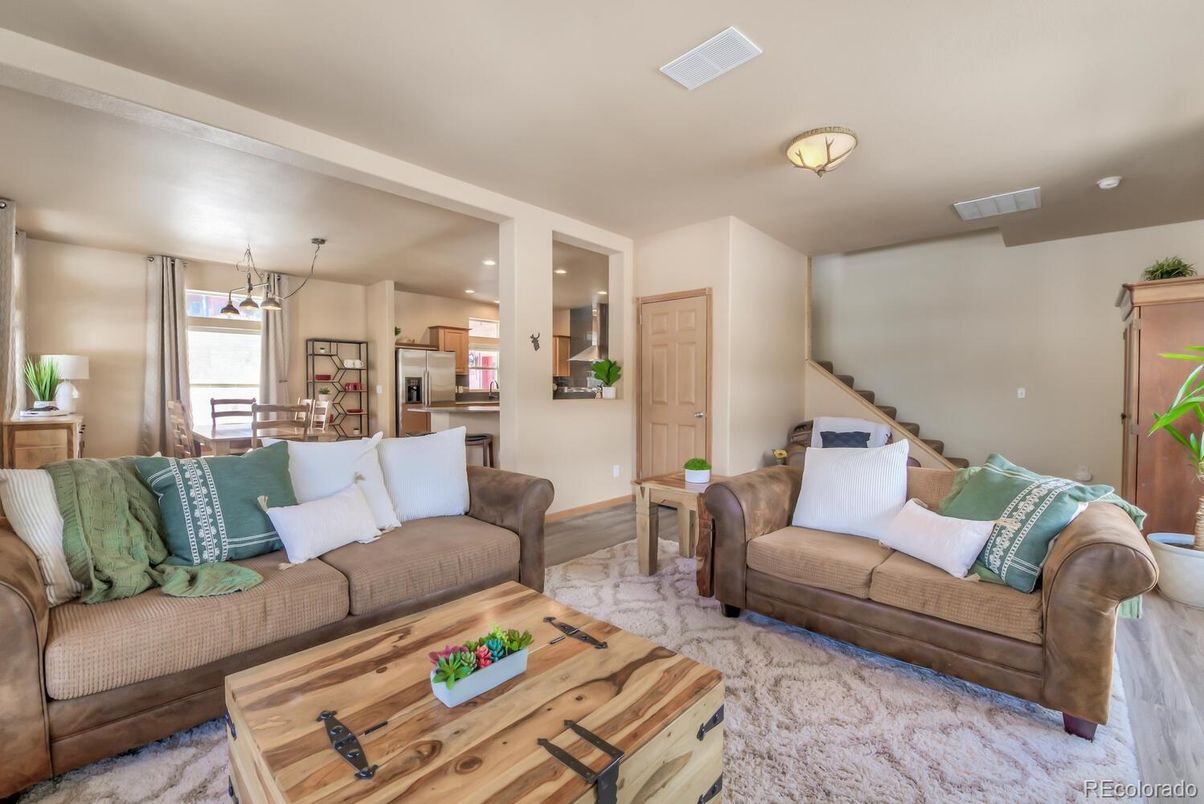Dining room, Interior, Kitchen, Living room, Pendant Lights, Recessed Lighting, Wood Texture Flooring