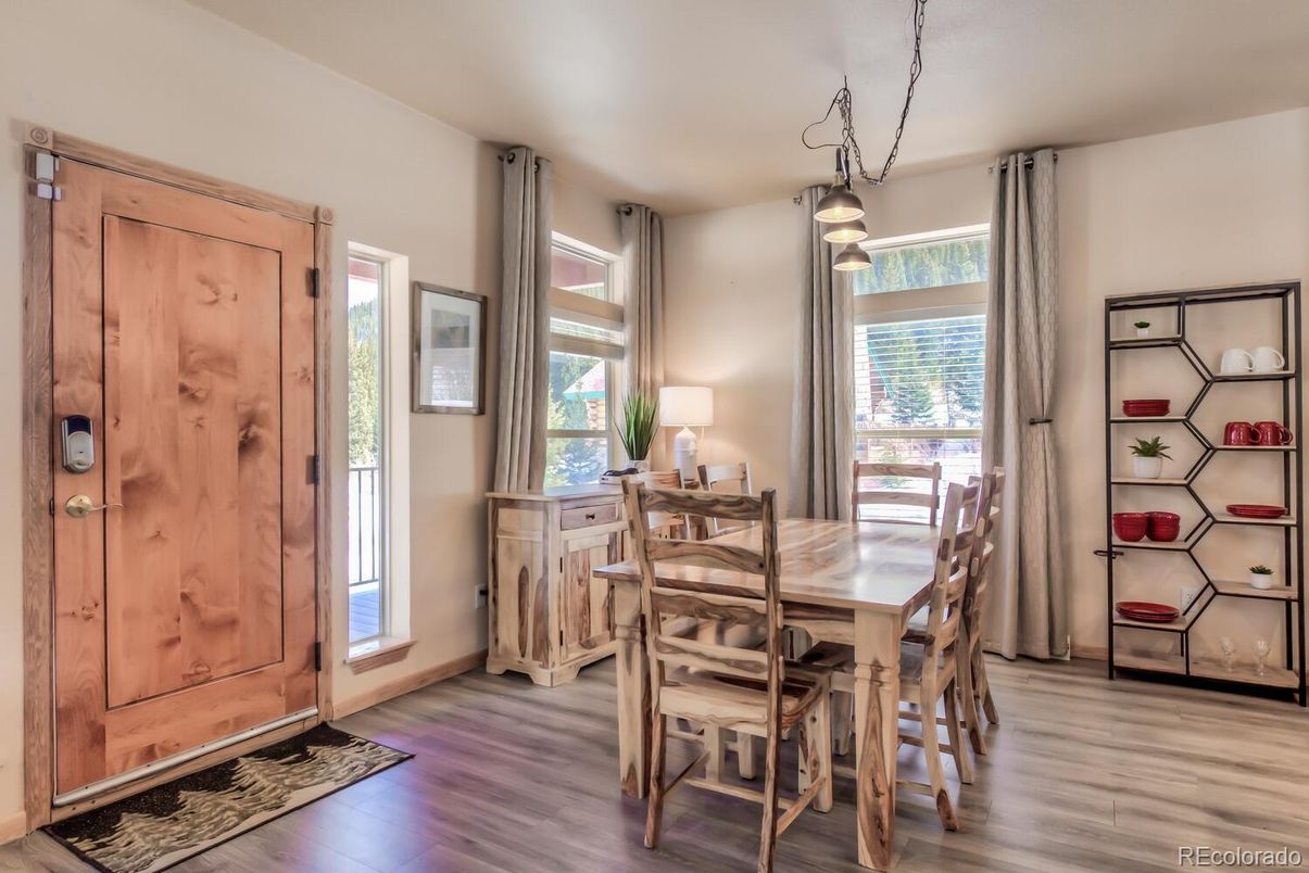 Dining room, Interior, Pendant Lights, Wood Texture Flooring