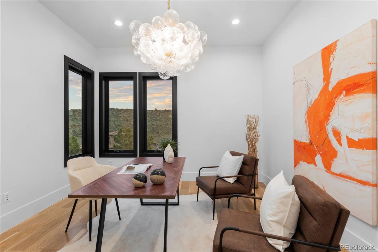 Chandelier, Home Office, Interior, Recessed Lighting, Wood Texture Flooring