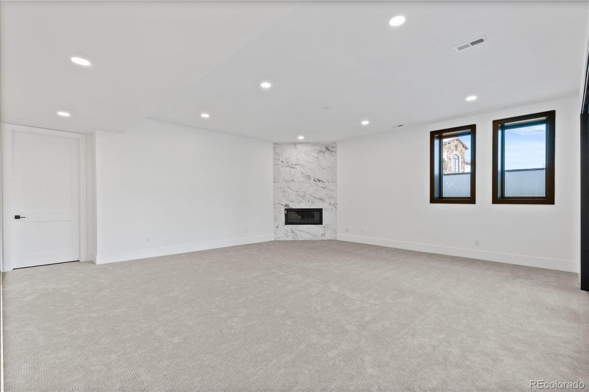 Empty room, Fireplace, Interior, Marble Walls, Recessed Lighting