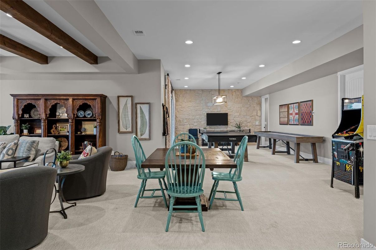 Dining room, Interior, Living room, Pendant Lights, Recessed Lighting, Stone Walls, Wooden Beams