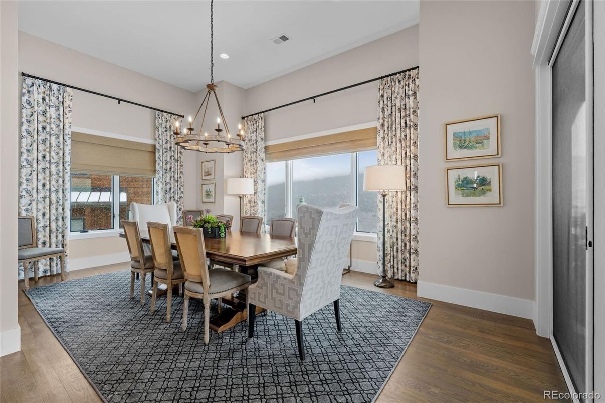 Chandelier, Dining room, Interior, Pendant Lights, Recessed Lighting, Wood Texture Flooring