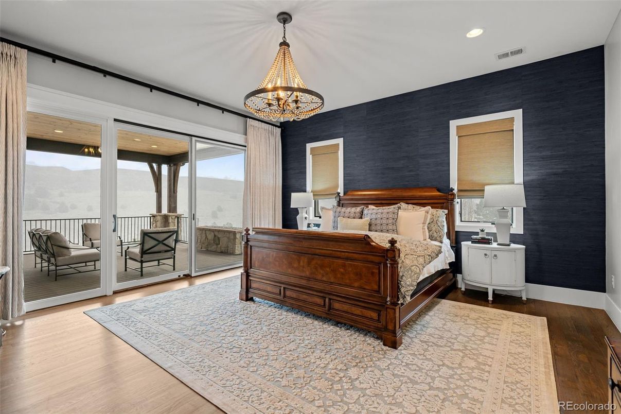 Bedroom, Chandelier, Interior, Recessed Lighting, Wood Texture Flooring