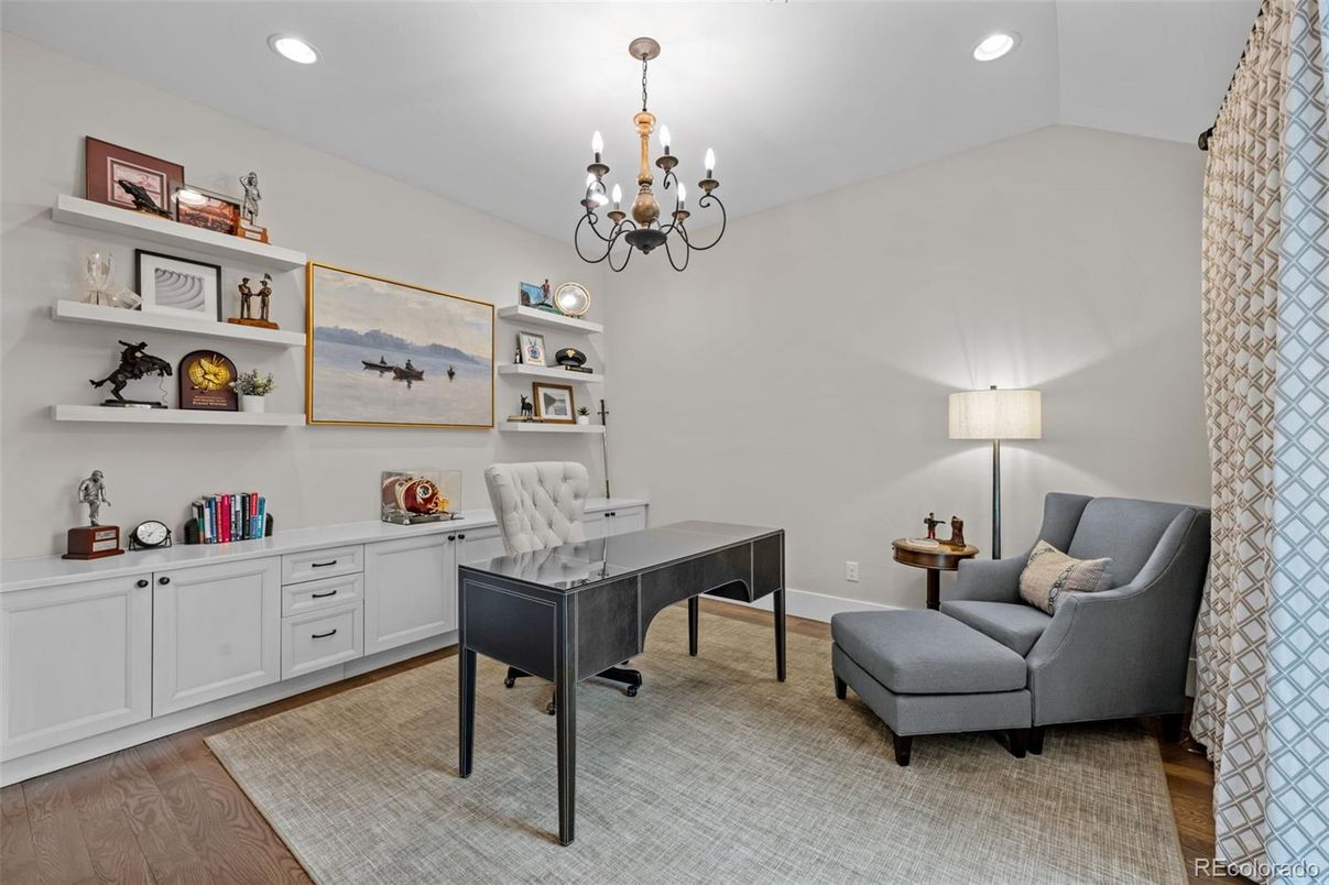 Chandelier, Home Office, Interior, Recessed Lighting, Wood Texture Flooring