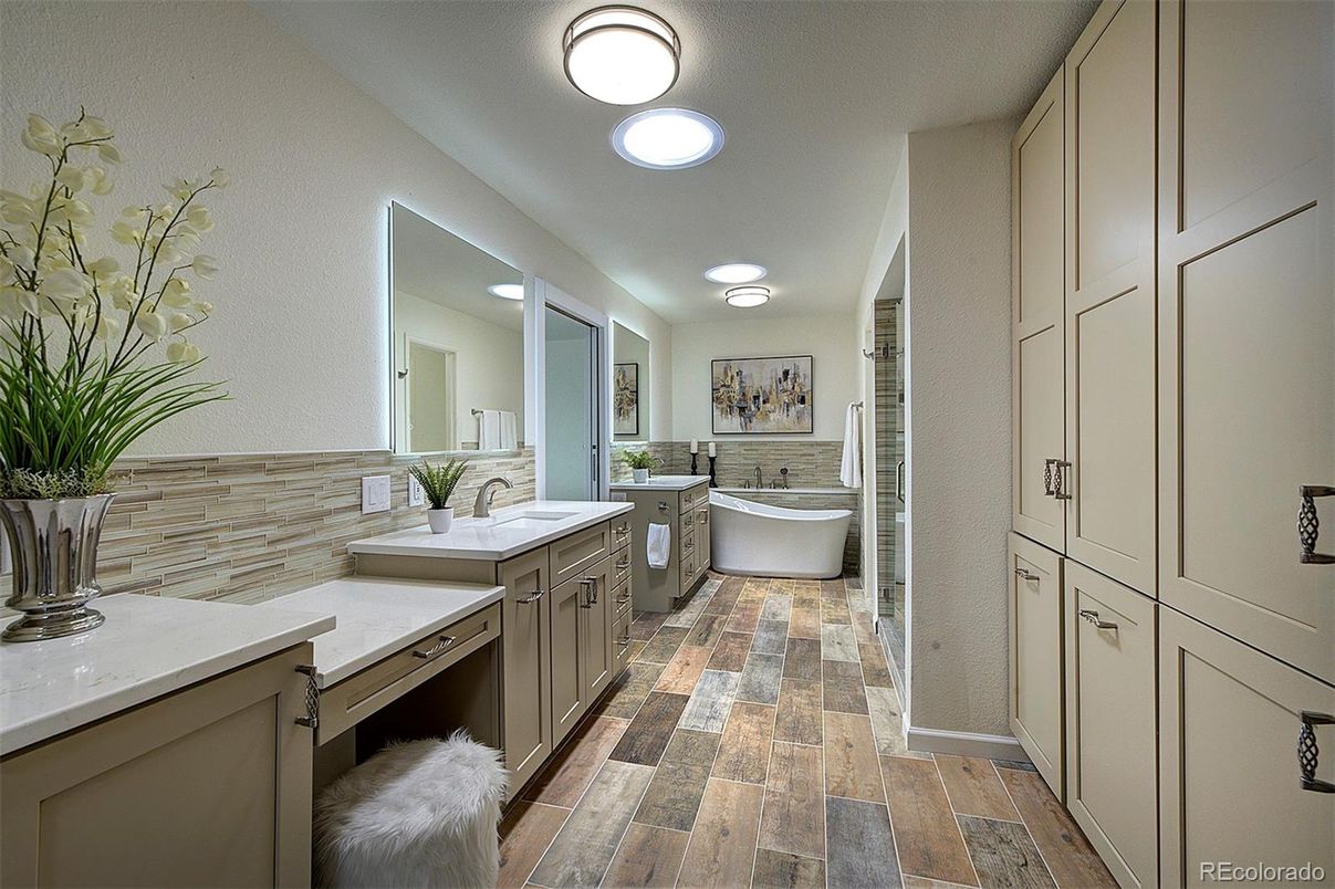 Bathroom, Dual Sink Vanities, Free Standing Baths, Interior, Wood Texture Flooring
