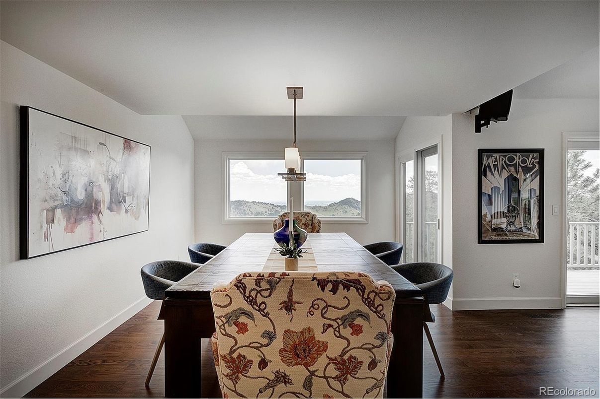 Dining room, Interior, Pendant Lights, Wood Texture Flooring