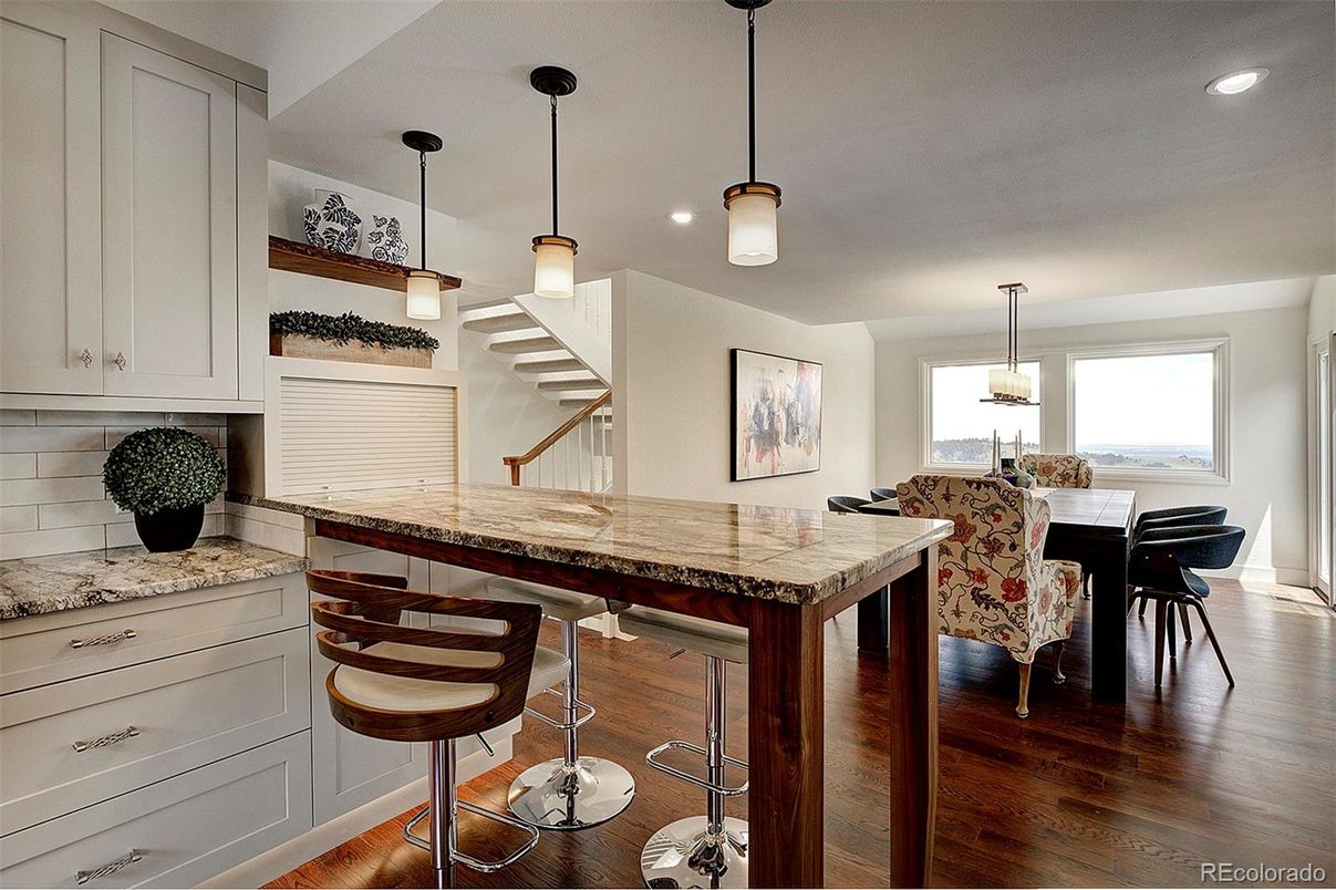Dining room, Interior, Pendant Lights, Recessed Lighting, Wood Texture Flooring