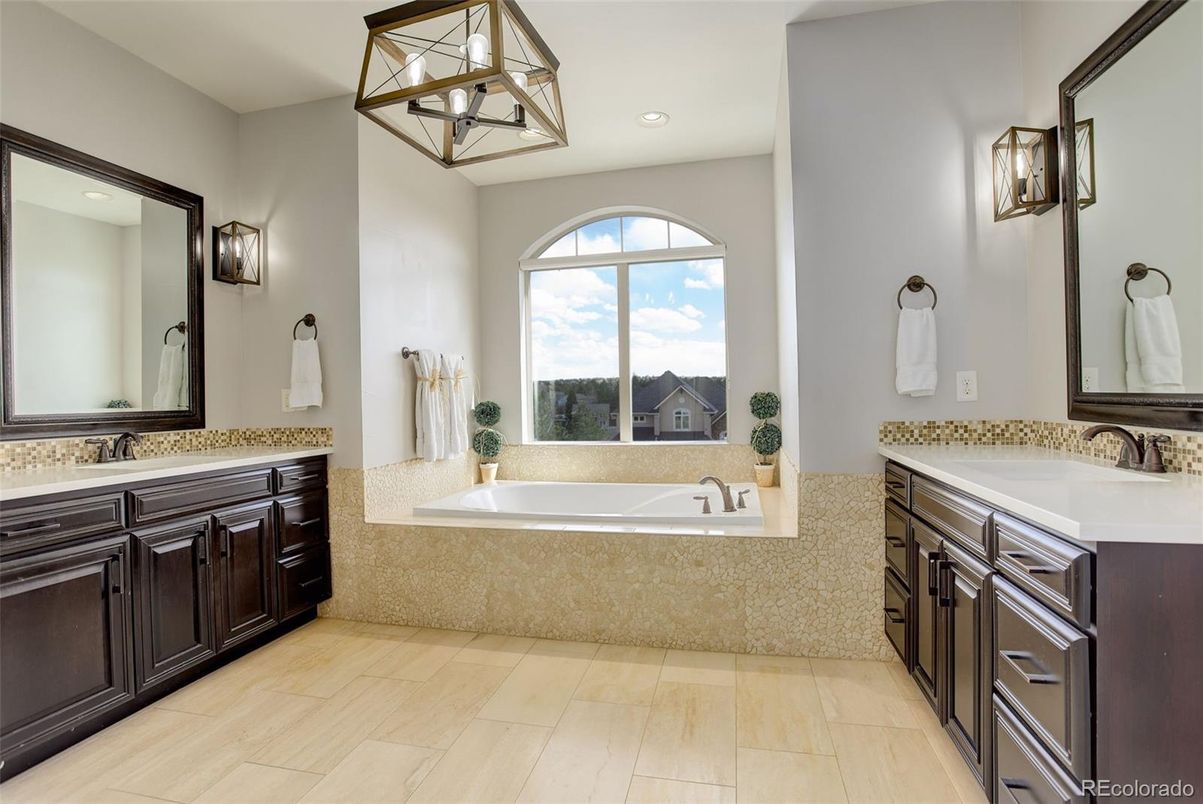 Bathroom, Dual Sink Vanities, Interior, Recessed Lighting, Wood Texture Flooring