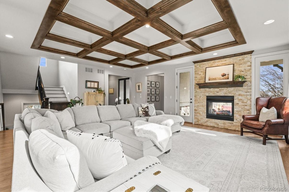 Fireplace, Interior, Living room, Recessed Lighting, Stone Walls, Wooden Beams, Wood Texture Flooring
