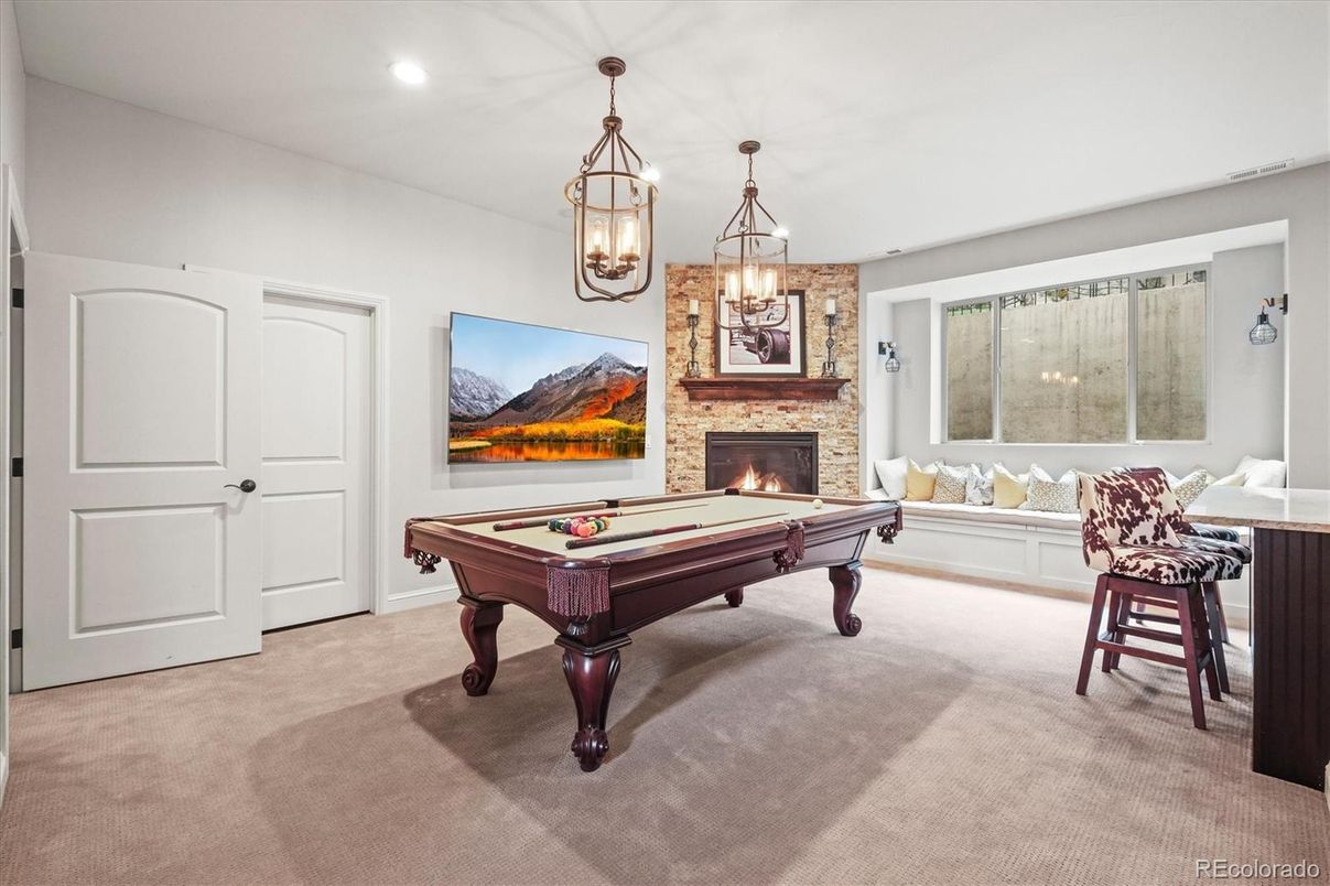 Billiard Table, Chandelier, Fireplace, Game Room, Interior, Pendant Lights, Recessed Lighting