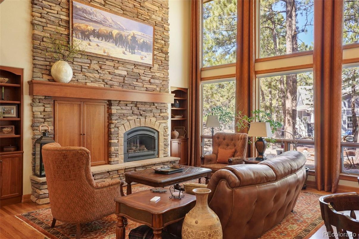 Fireplace, Interior, Living room, Stone Walls, Wood Texture Flooring