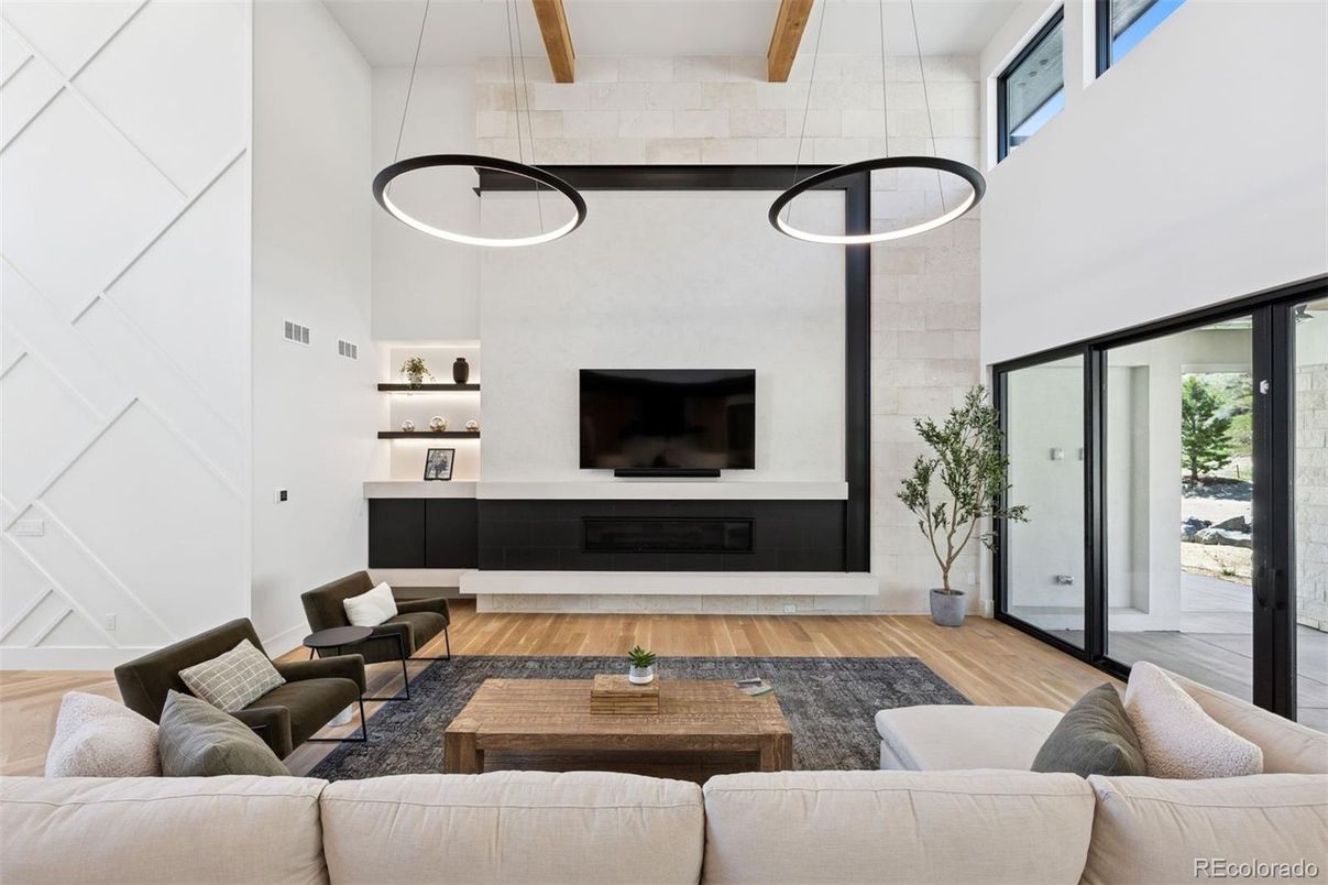 Fireplace, Interior, Living room, Pendant Lights, Stone Walls, Wood Texture Flooring