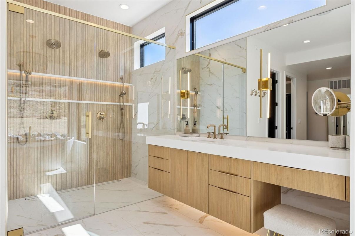 Bathroom, Glass Shower, Interior, Marble, Marble Walls, Recessed Lighting
