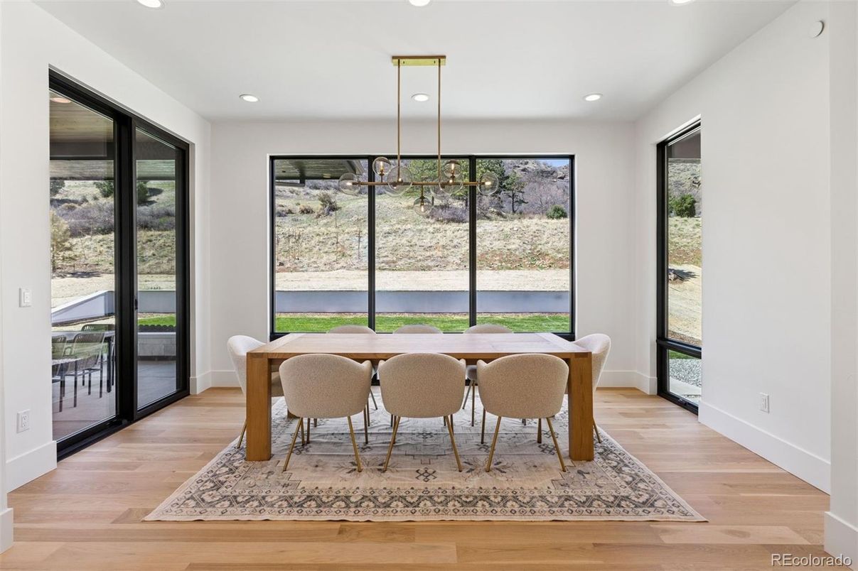 Dining room, Interior, Pendant Lights, Recessed Lighting, Wood Texture Flooring