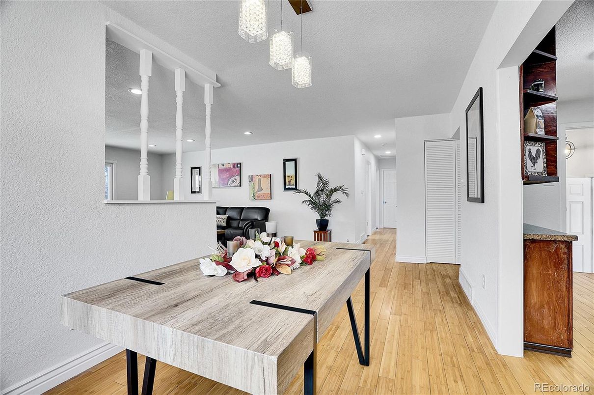 Dining room, Interior, Pendant Lights, Recessed Lighting, Wood Texture Flooring