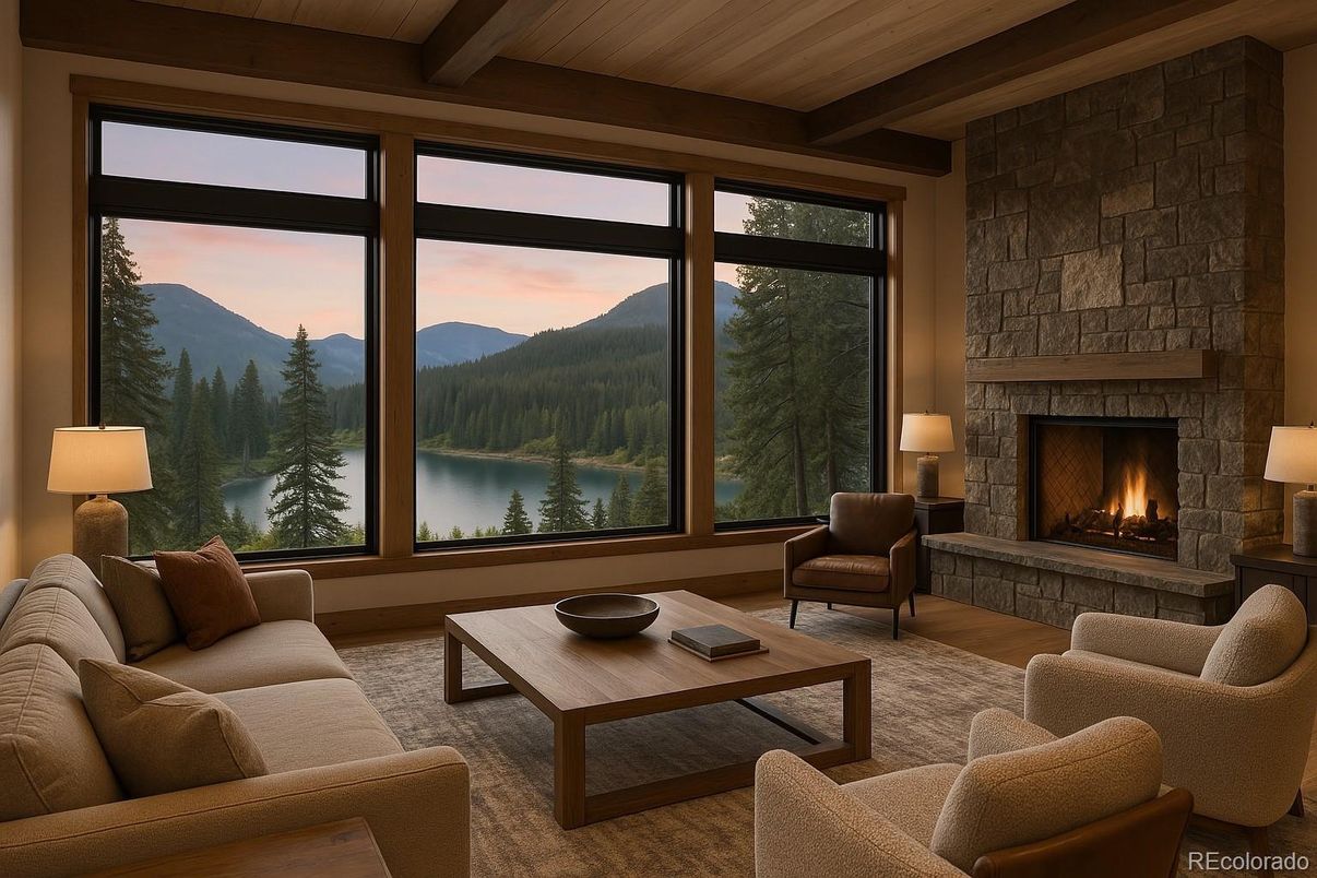 Fireplace, Interior, Living room, Stone Walls, Wooden Beams, Wooden Ceilings, Wood Texture Flooring