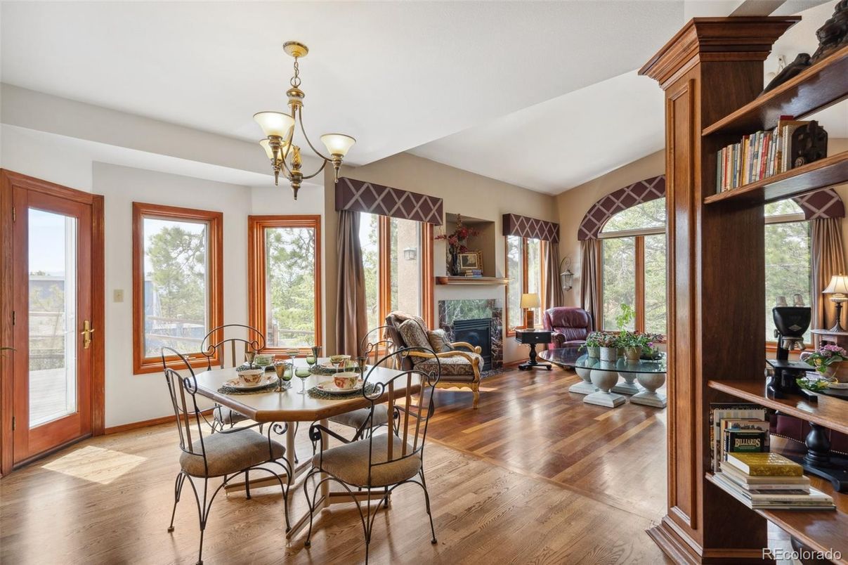 Dining room, Fireplace, Interior, Wood Texture Flooring
