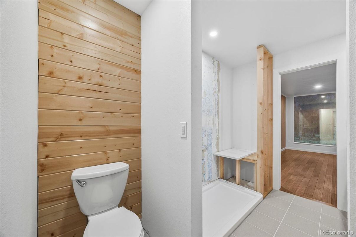 Bathroom, Interior, Recessed Lighting, Wood Texture Flooring, Wooden Walls