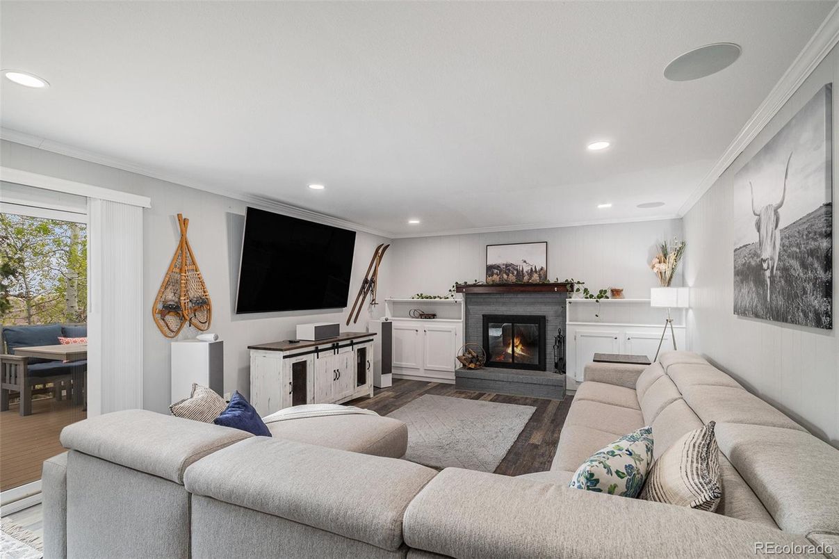 Fireplace, Interior, Living room, Recessed Lighting, Wood Texture Flooring