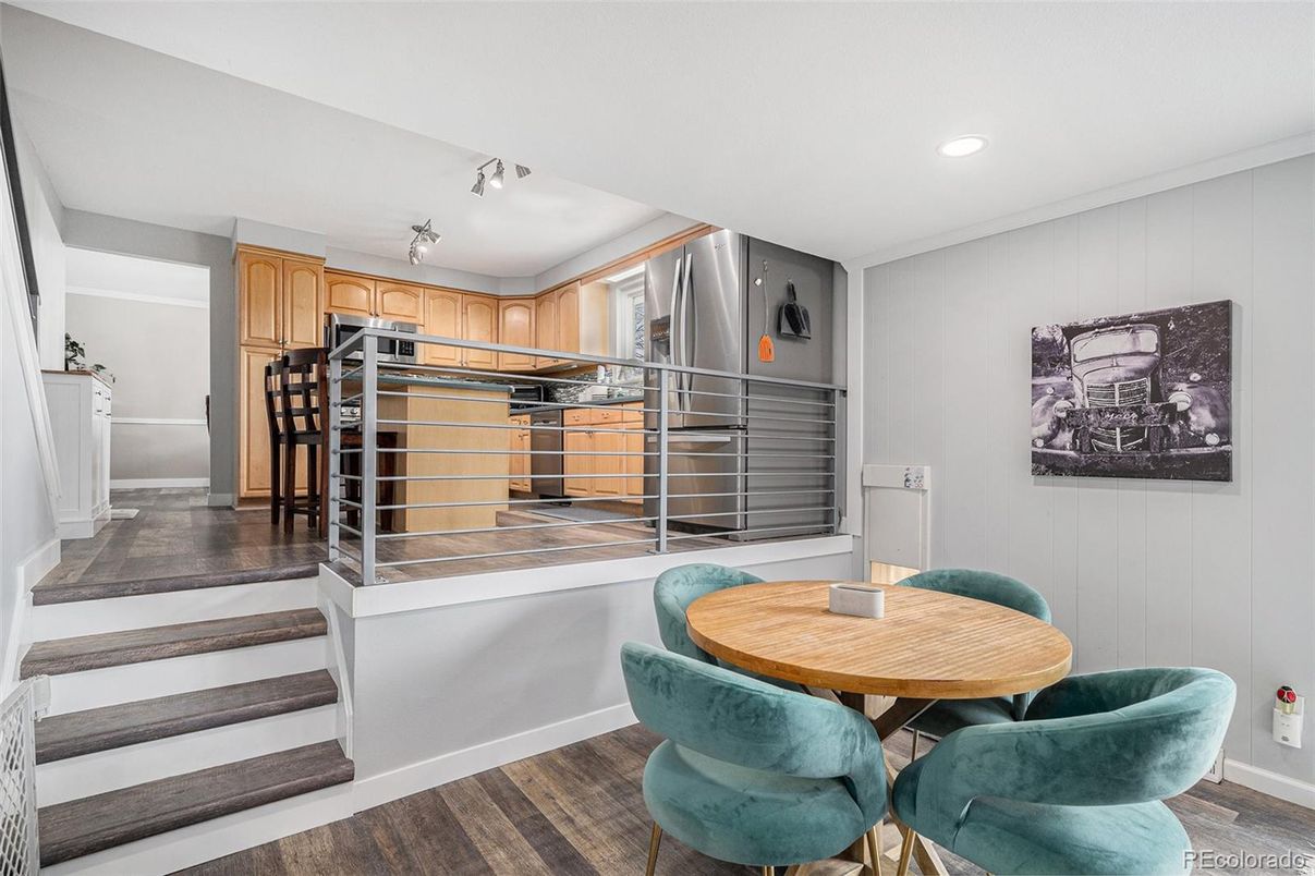 Dining room, Interior, Kitchen, Recessed Lighting, Stainless Steel Appliances, Wood Texture Flooring