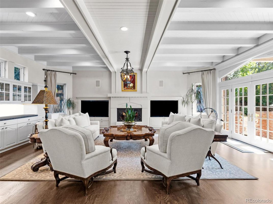 Dining room, Fireplace, Interior, Living room, Recessed Lighting, Wood Texture Flooring
