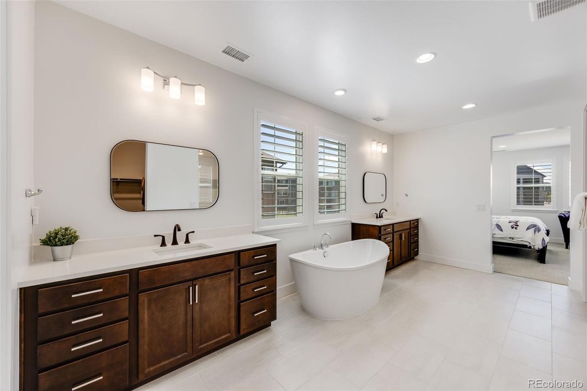 Bathroom, Dual Sink Vanities, Free Standing Baths, Interior, Recessed Lighting