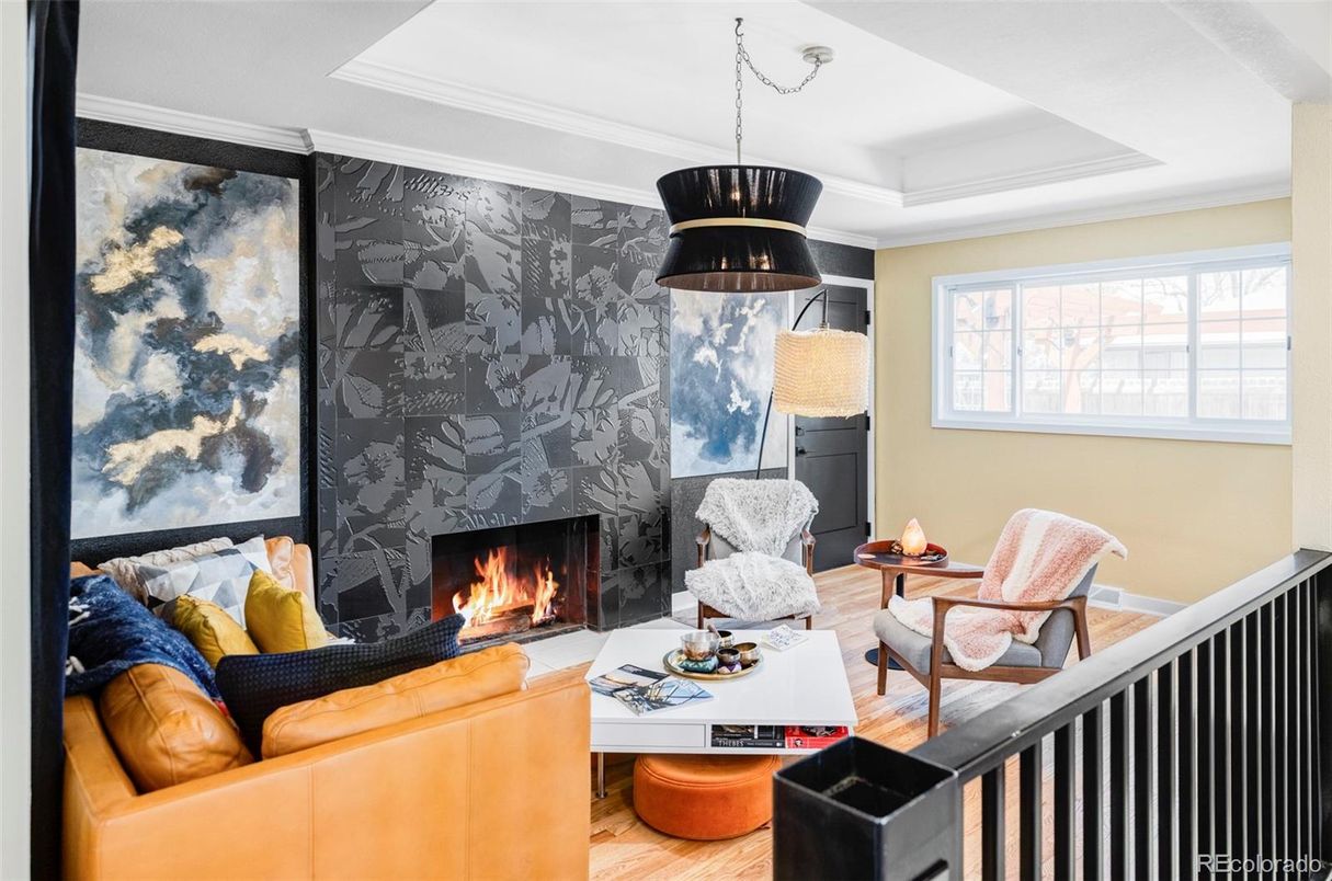 Fireplace, Interior, Living room, Pendant Lights, Wood Texture Flooring