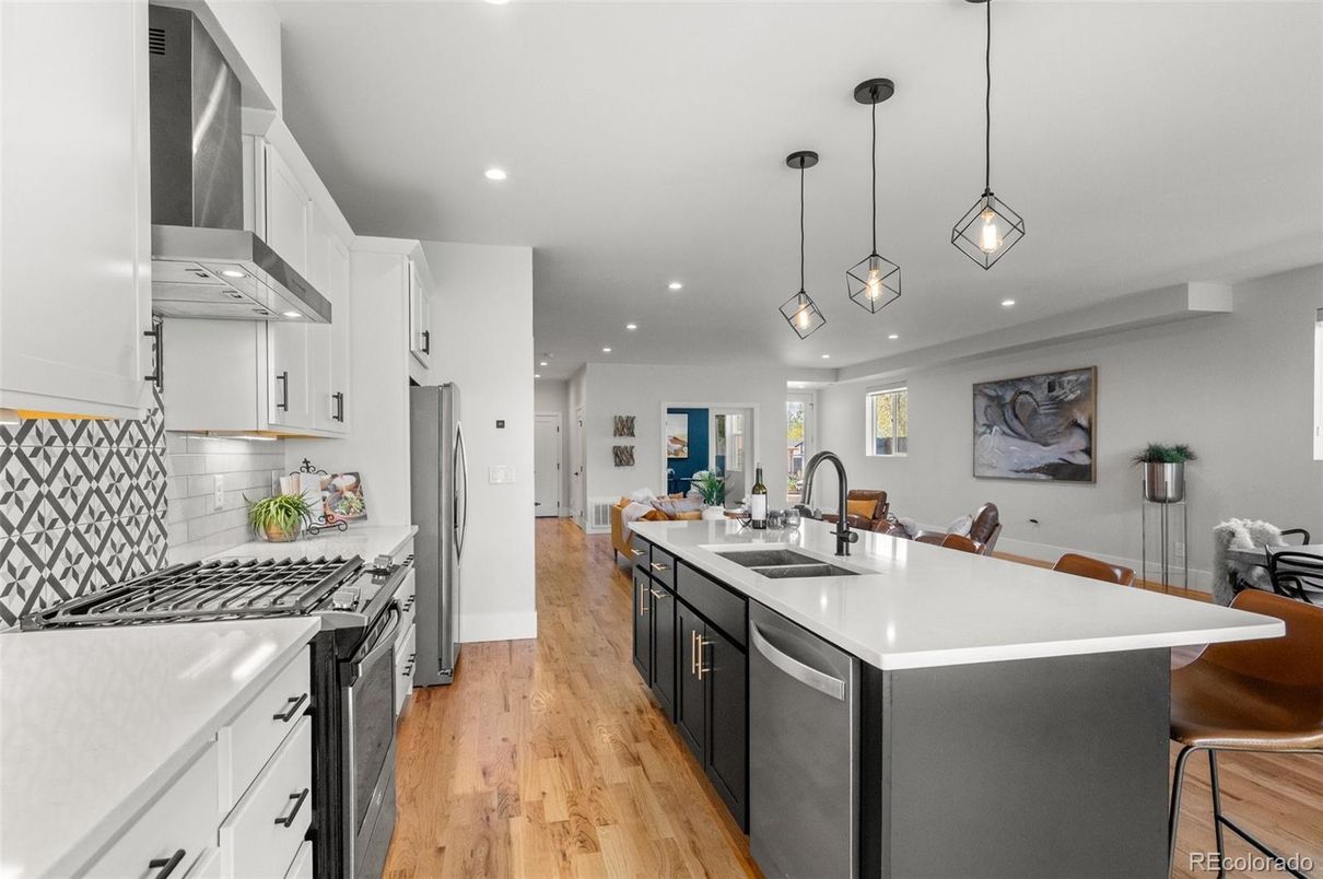 Interior, Kitchen, Pendant Lights, Recessed Lighting, Stainless Steel Appliances, Wood Texture Flooring
