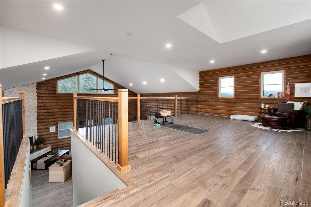 Fireplace, Interior, Recessed Lighting, Wood Texture Flooring, Wooden Walls