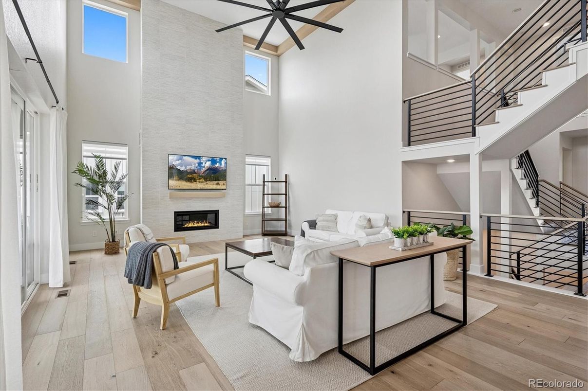 Fireplace, Interior, Living room, Recessed Lighting, Wood Texture Flooring