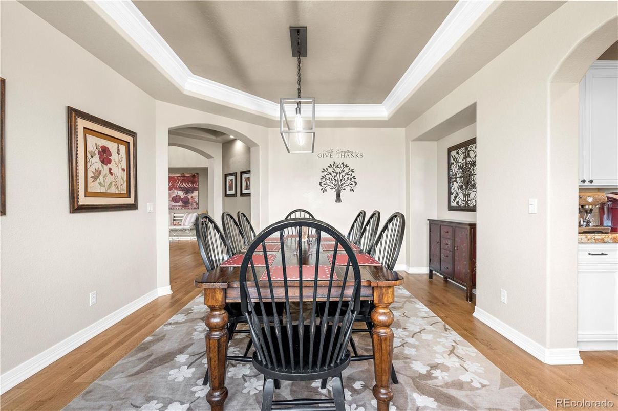 Dining room, Interior, Pendant Lights, Wood Texture Flooring