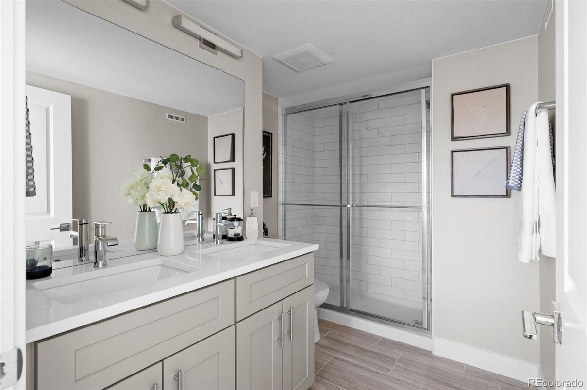Bathroom, Dual Sink Vanities, Glass Shower, Interior, Wood Texture Flooring