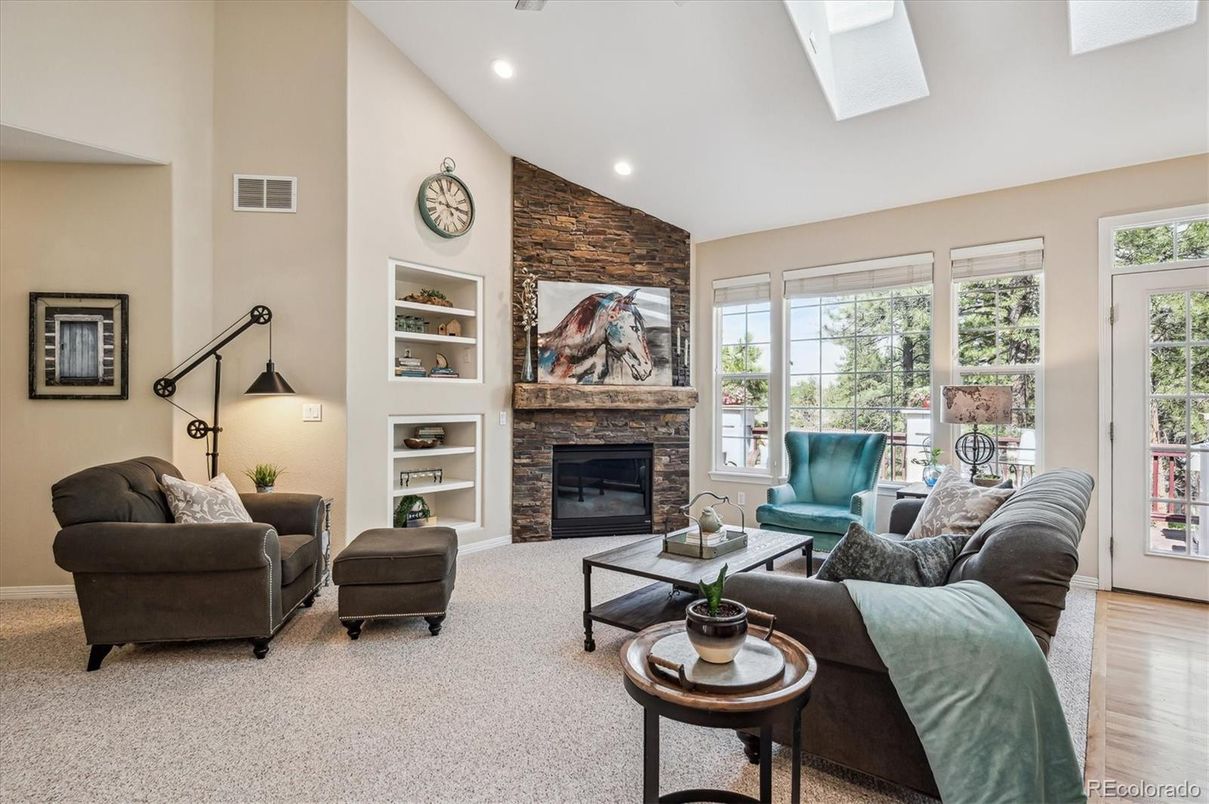Fireplace, Interior, Living room, Recessed Lighting, Stone Walls