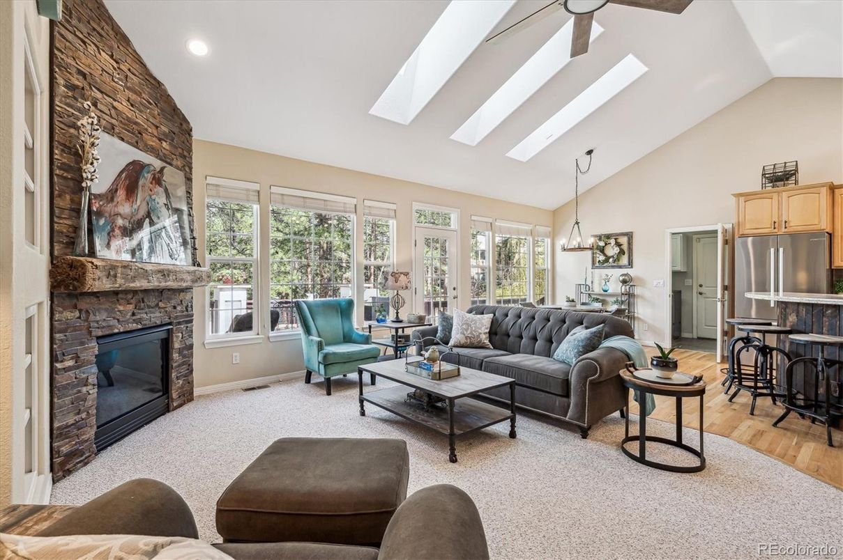 Fireplace, Interior, Kitchen, Living room, Pendant Lights, Recessed Lighting, Stone Walls, Wood Texture Flooring