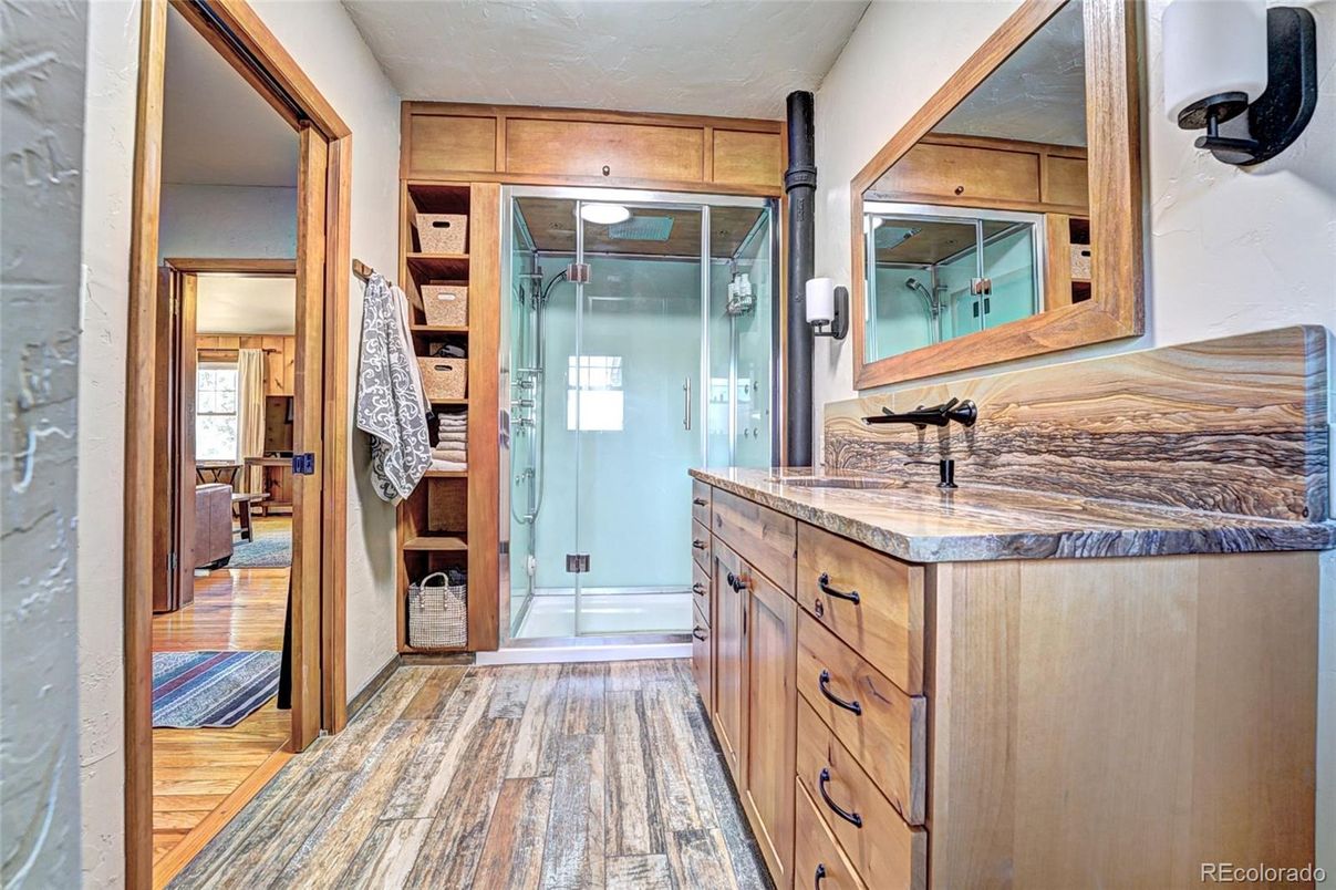 Bathroom, Glass Shower, Interior, Wood Texture Flooring