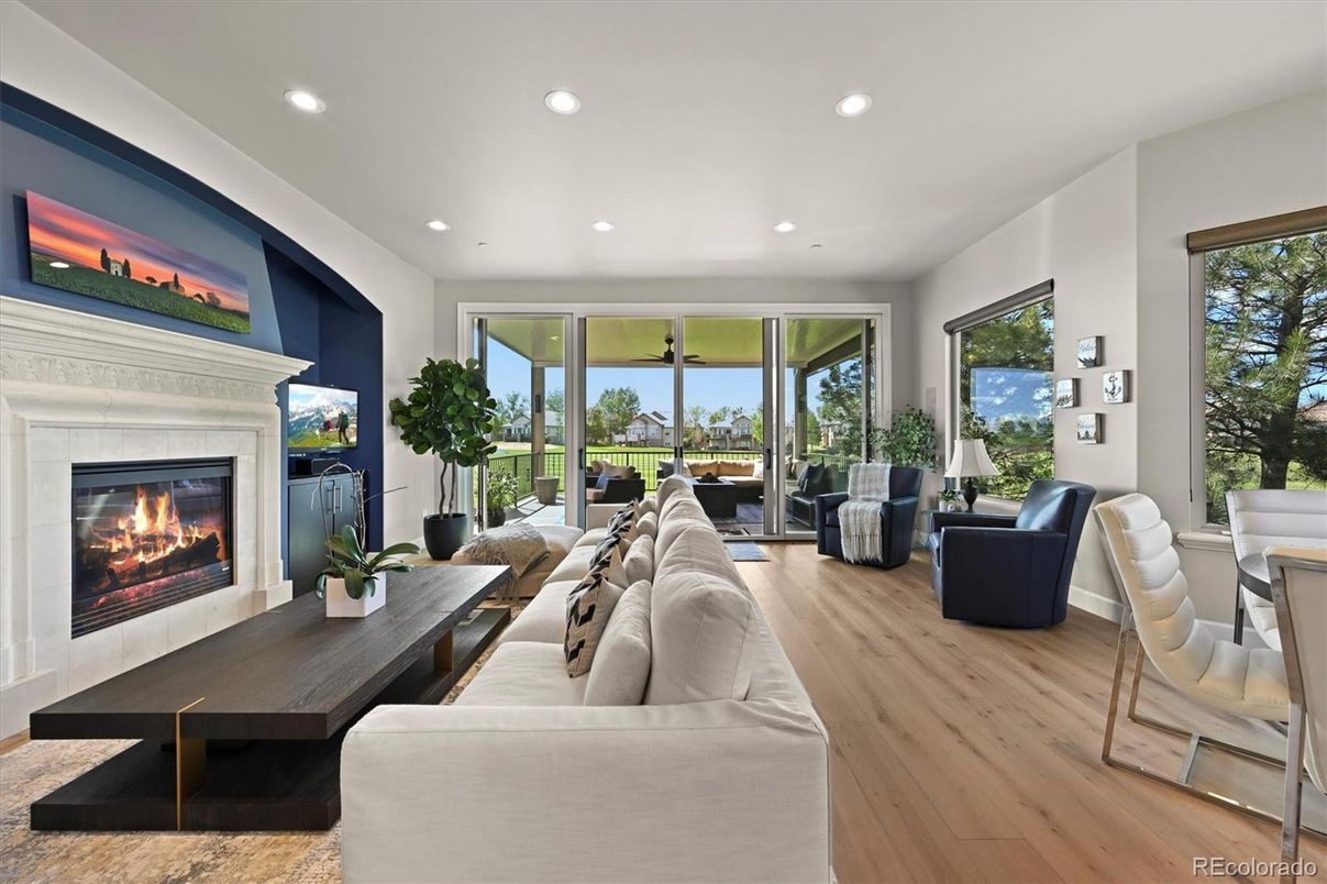 Fireplace, Interior, Living room, Recessed Lighting, Wood Texture Flooring