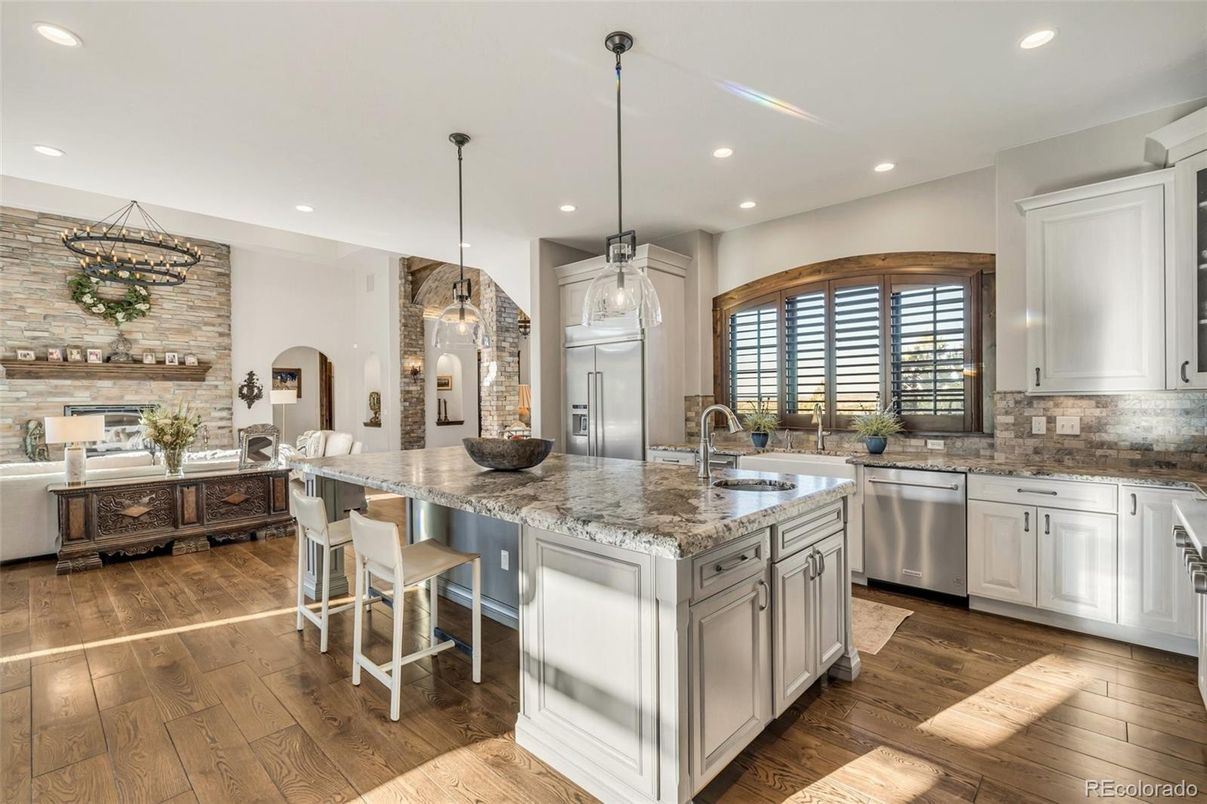 Interior, Kitchen, Pendant Lights, Recessed Lighting, Stainless Steel Appliances, Stone Walls, Wood Texture Flooring