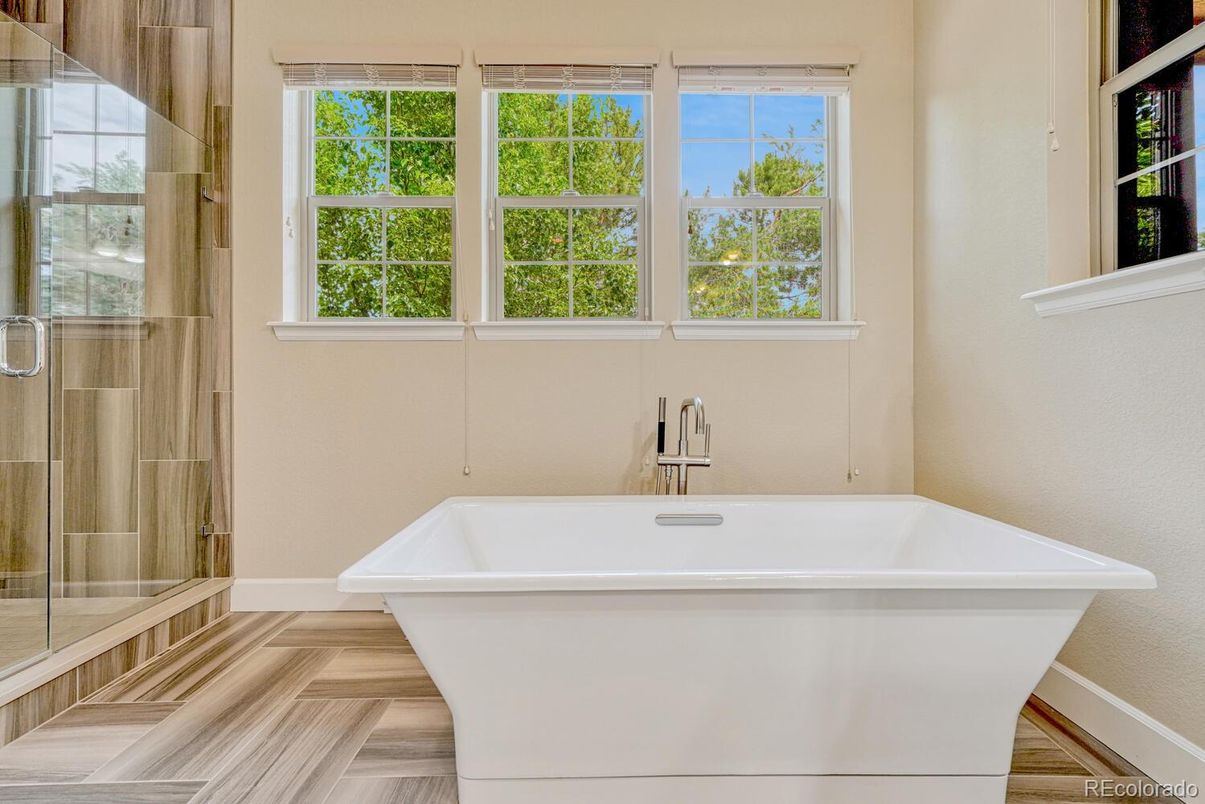 Bathroom, Free Standing Baths, Glass Shower, Interior, Wood Texture Flooring