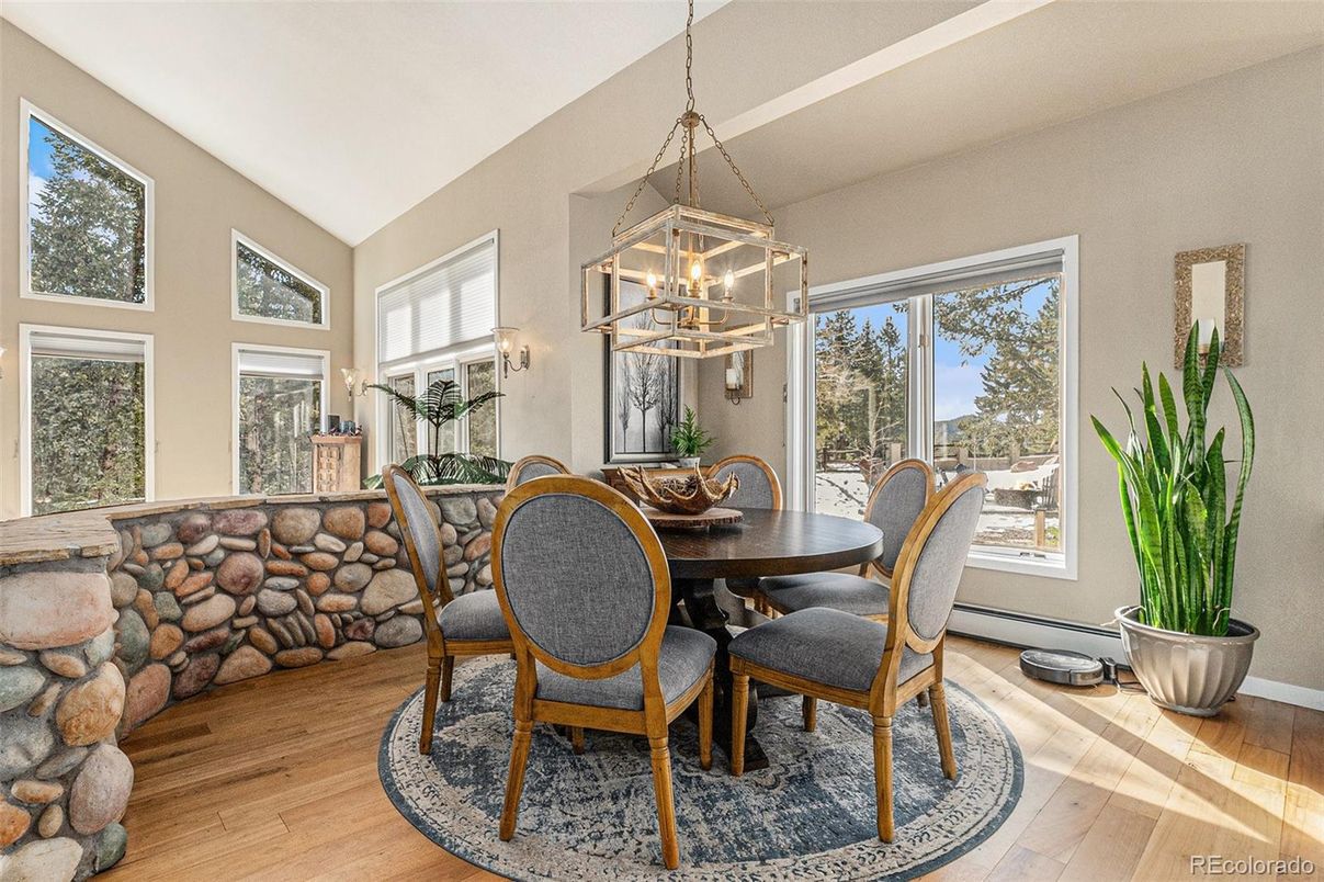 Dining room, Interior, Pendant Lights, Wood Texture Flooring