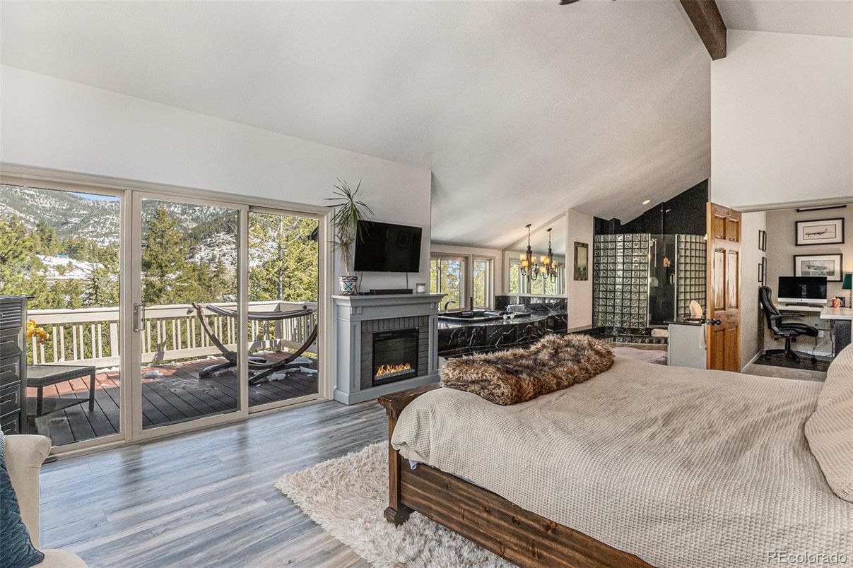 Bedroom, Fireplace, Home Office, Interior, Pendant Lights, Wooden Beams, Wood Texture Flooring