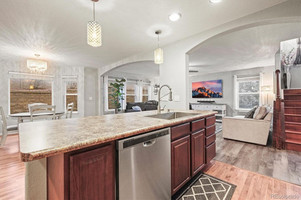 Dining room, Interior, Kitchen, Living room, Pendant Lights, Recessed Lighting, Wood Texture Flooring