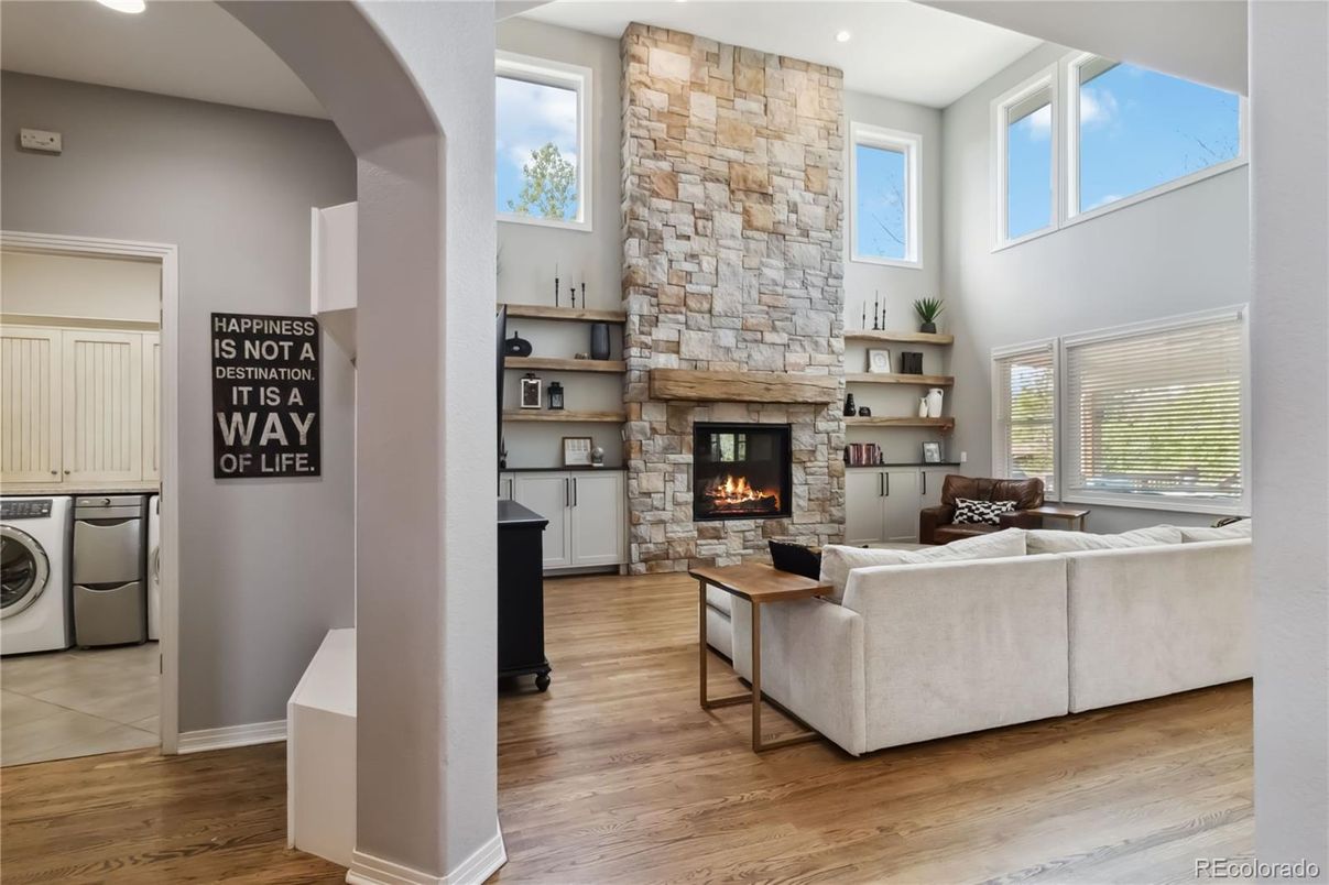 Fireplace, Interior, Living room, Recessed Lighting, Wood Texture Flooring