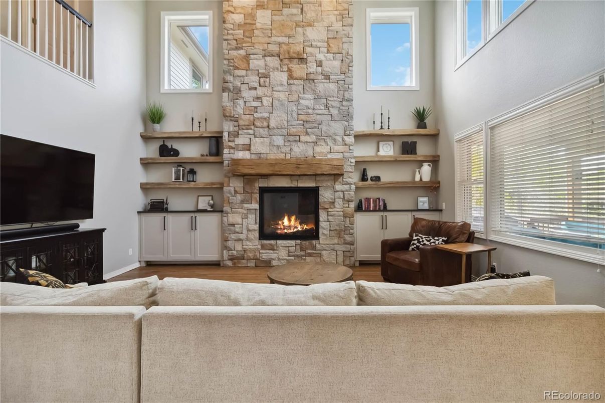 Fireplace, Interior, Living room, Stone Walls, Wood Texture Flooring