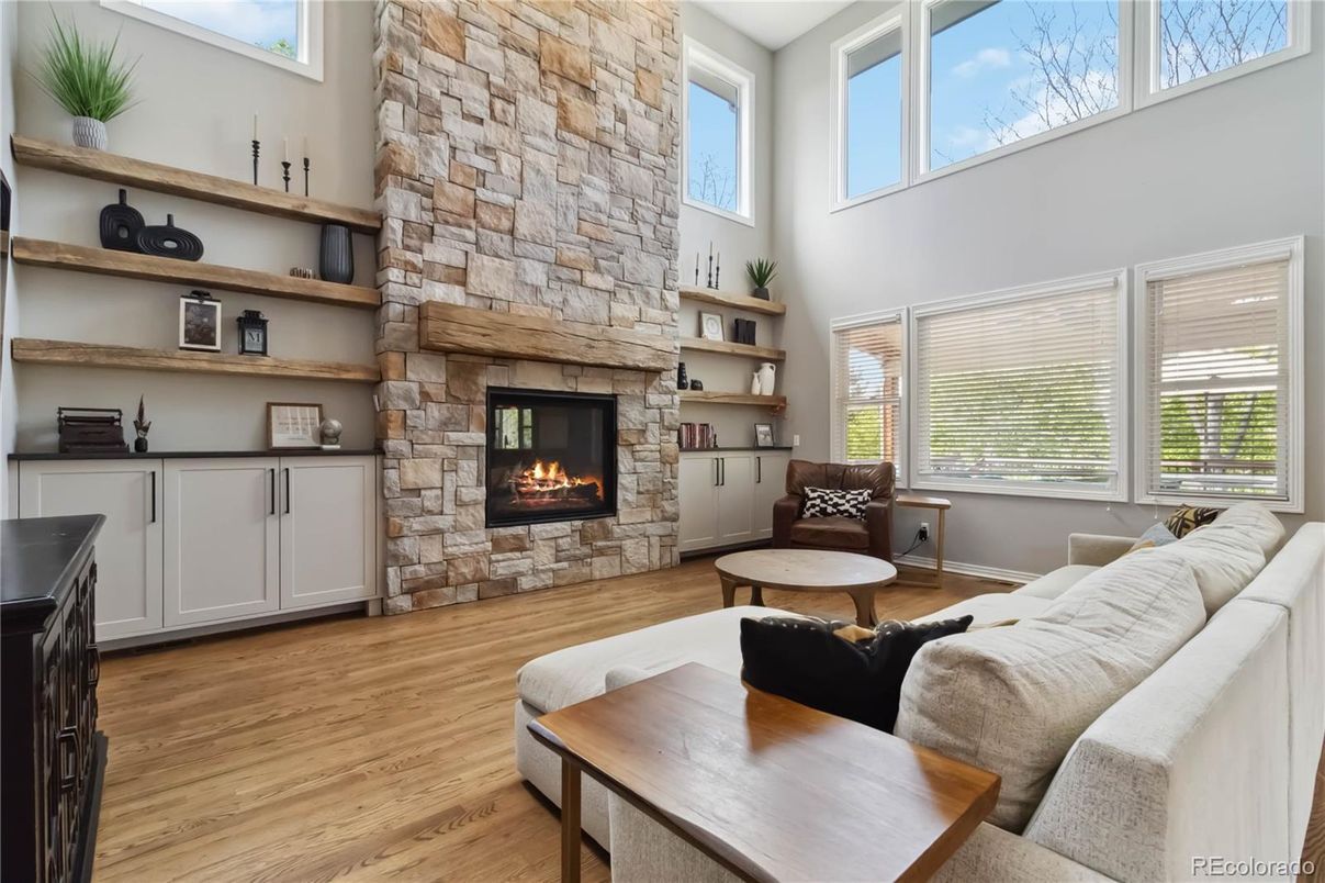 Fireplace, Interior, Living room, Stone Walls, Wood Texture Flooring