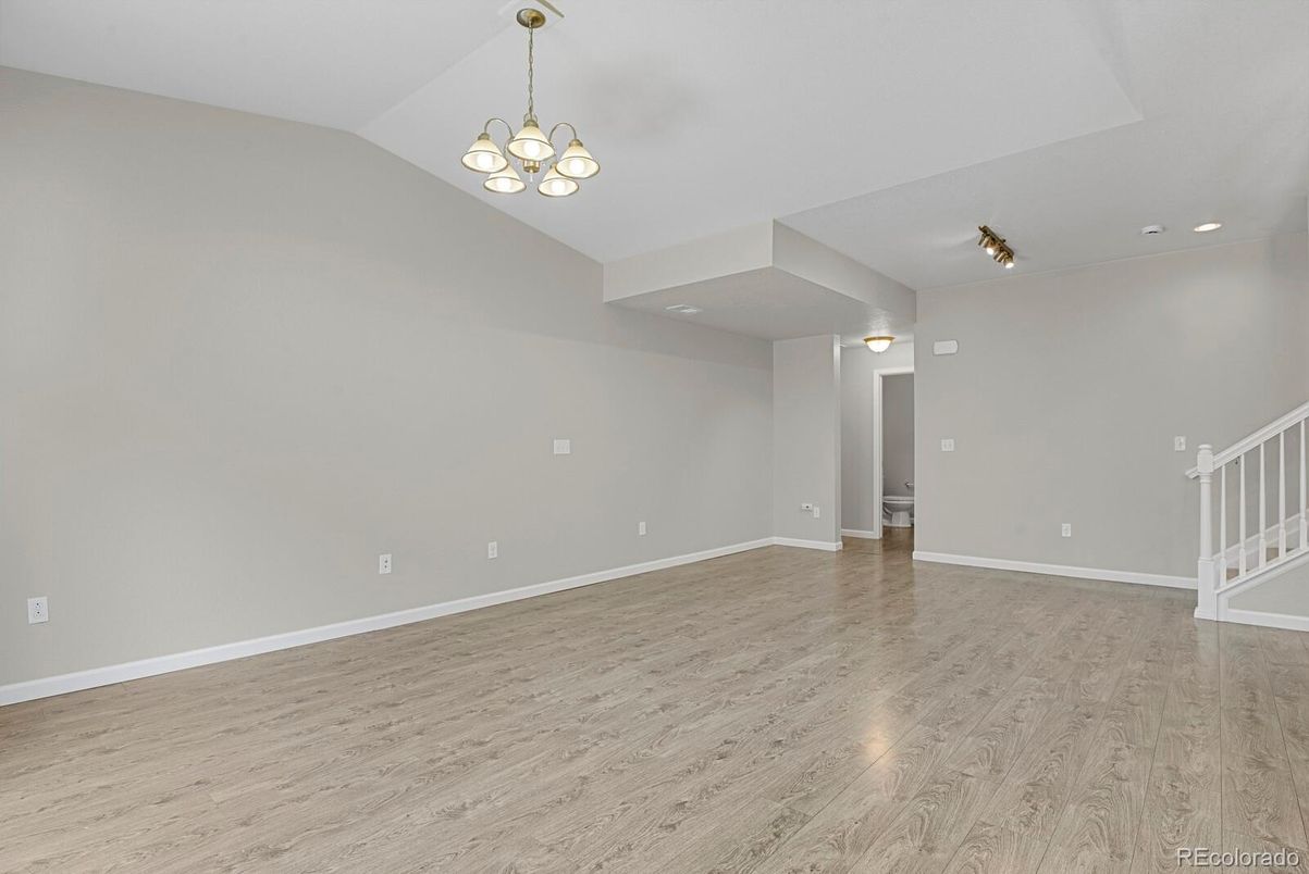 Chandelier, Empty room, Interior, Recessed Lighting, Wood Texture Flooring