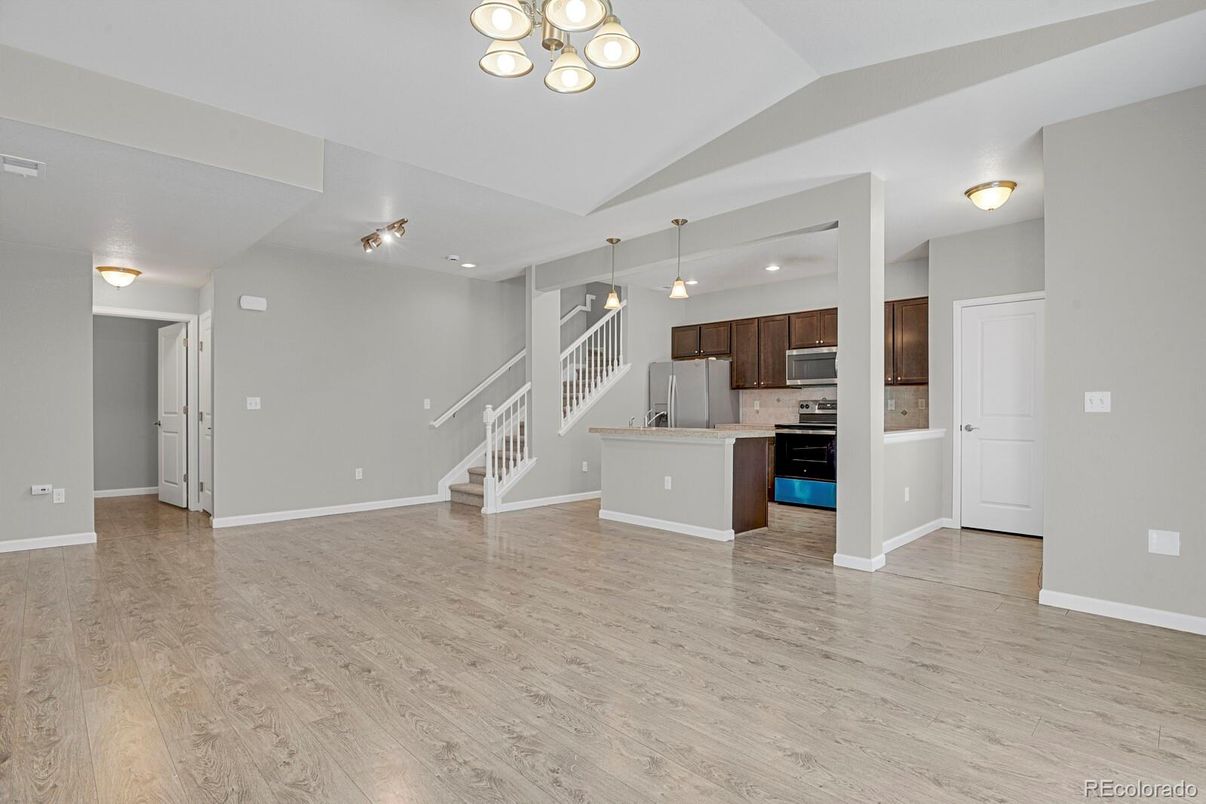 Interior, Kitchen, Pendant Lights, Stainless Steel Appliances, Wood Texture Flooring