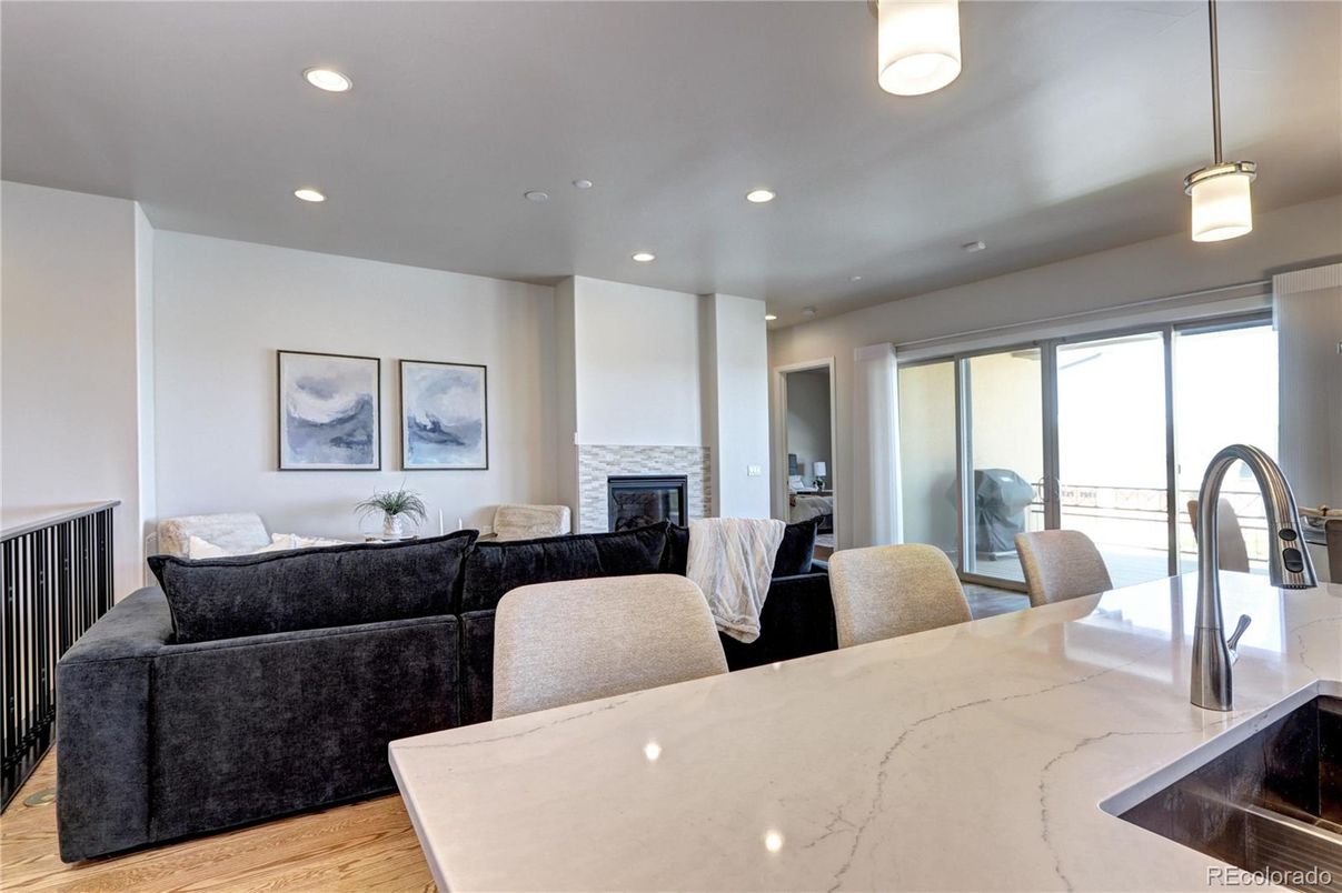 Dining room, Fireplace, Interior, Kitchen, Living room, Pendant Lights, Recessed Lighting, Wood Texture Flooring