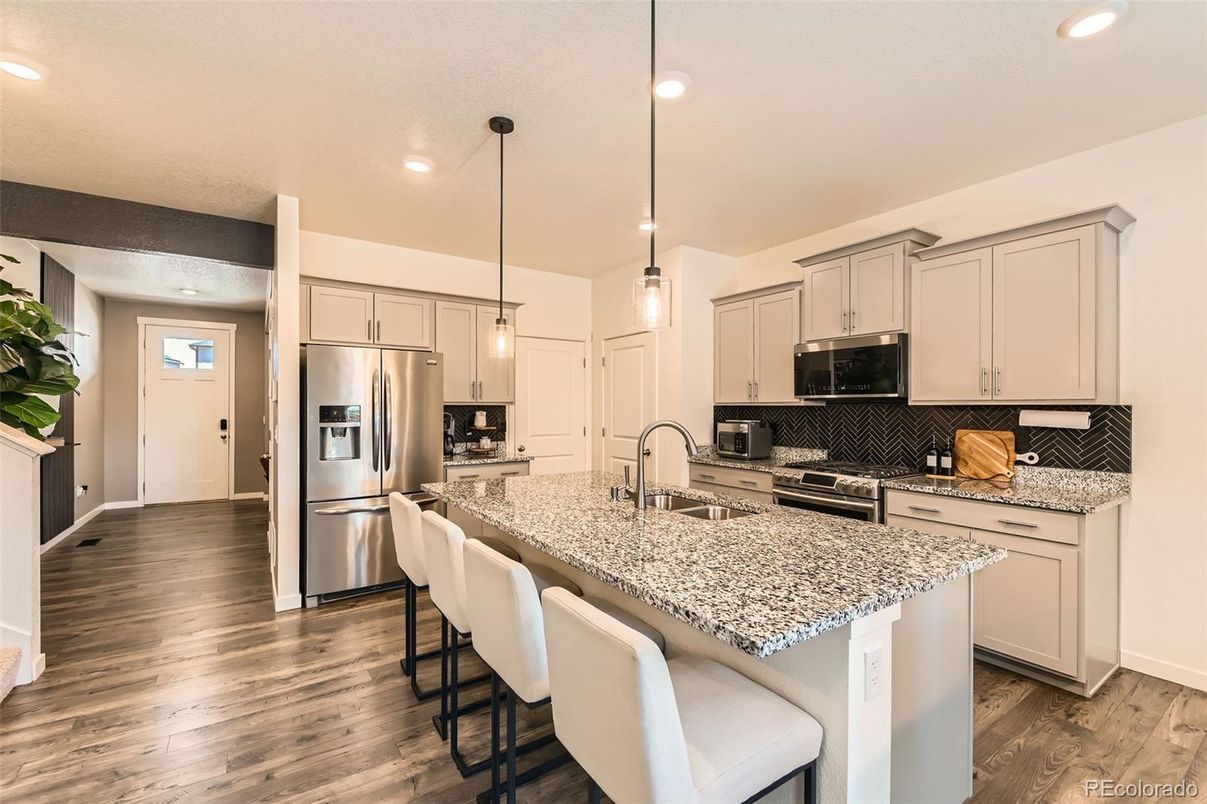 Interior, Kitchen, Pendant Lights, Recessed Lighting, Stainless Steel Appliances, Wood Texture Flooring